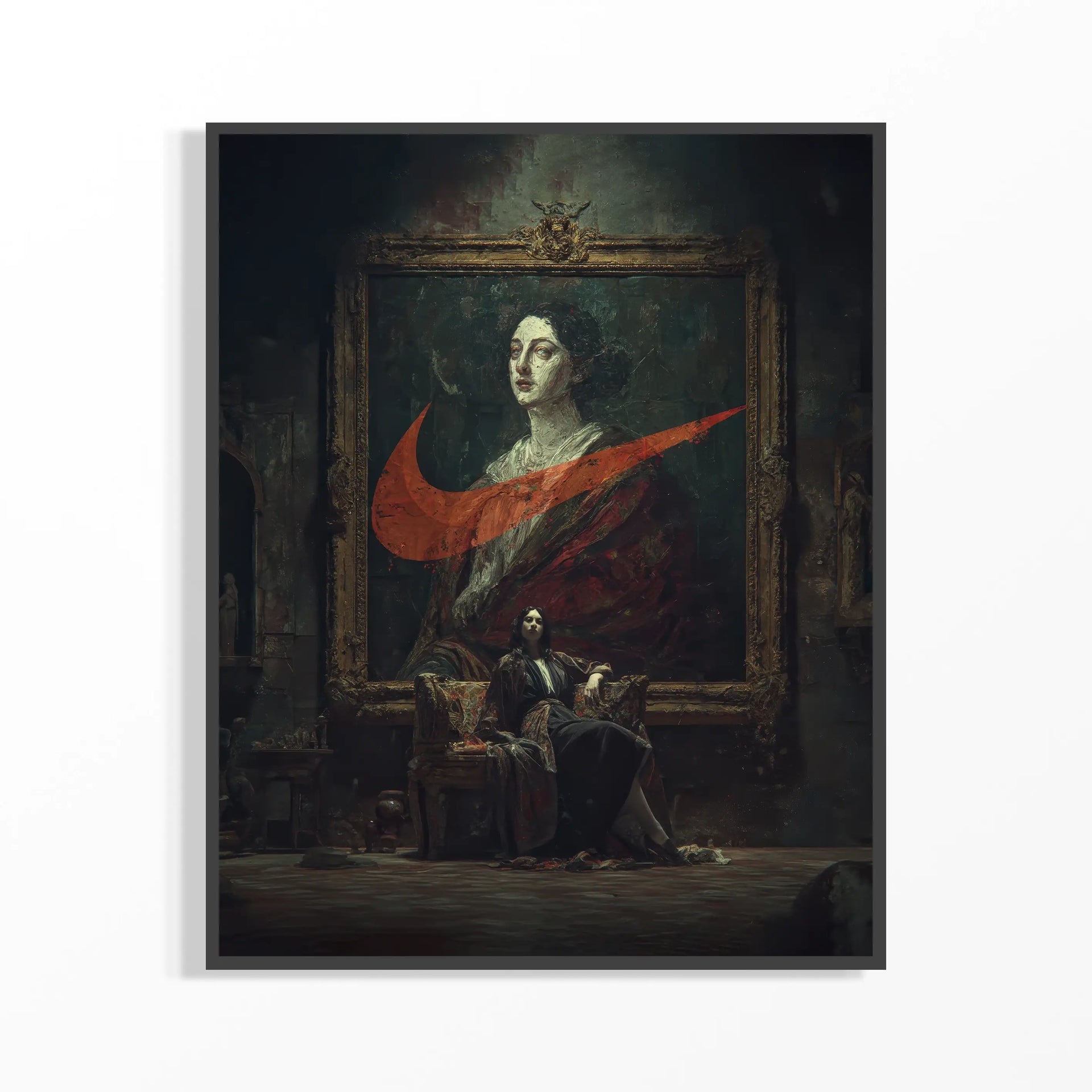 Goya-inspired digital wall art featuring a classical warrior in modern fashion with bold colors.