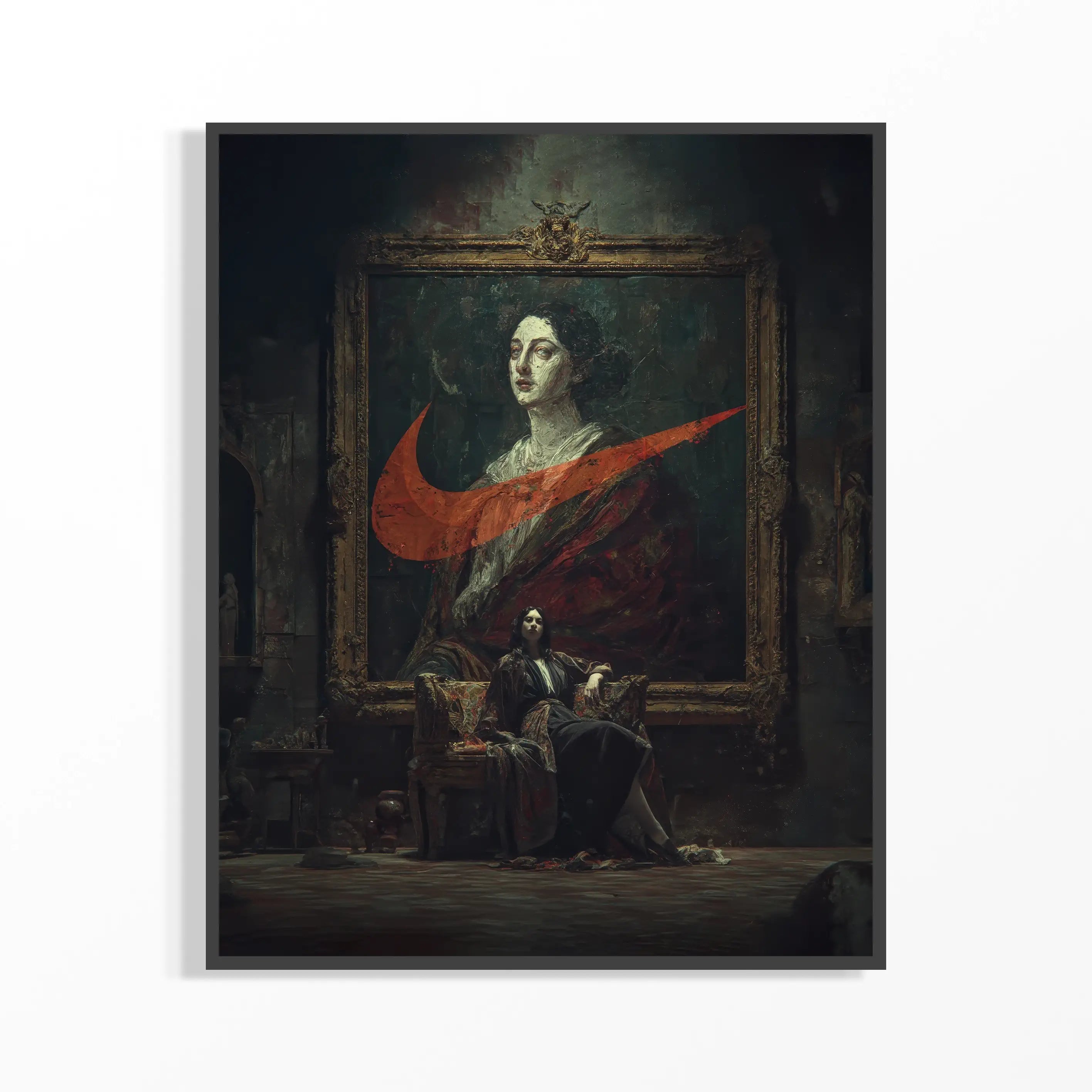 Artistic depiction of a figure in a dark room with a large painting on the wall.