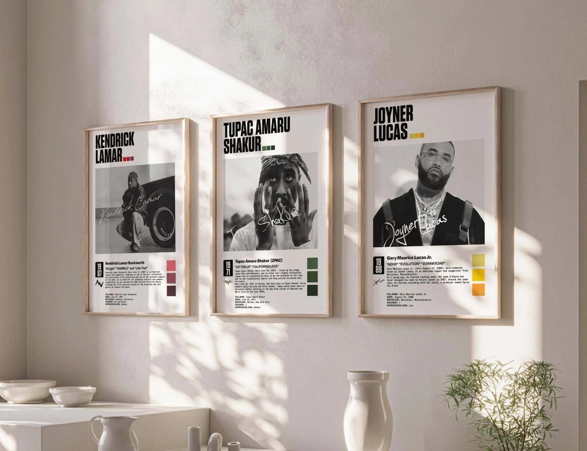 Hip Hop Album Cover Poster Set of 3 featuring Kendrick Lamar, Tupac Amaru Shakur, and Joyner Lucas in framed digital wall art for modern living room by Haus of Prints.
