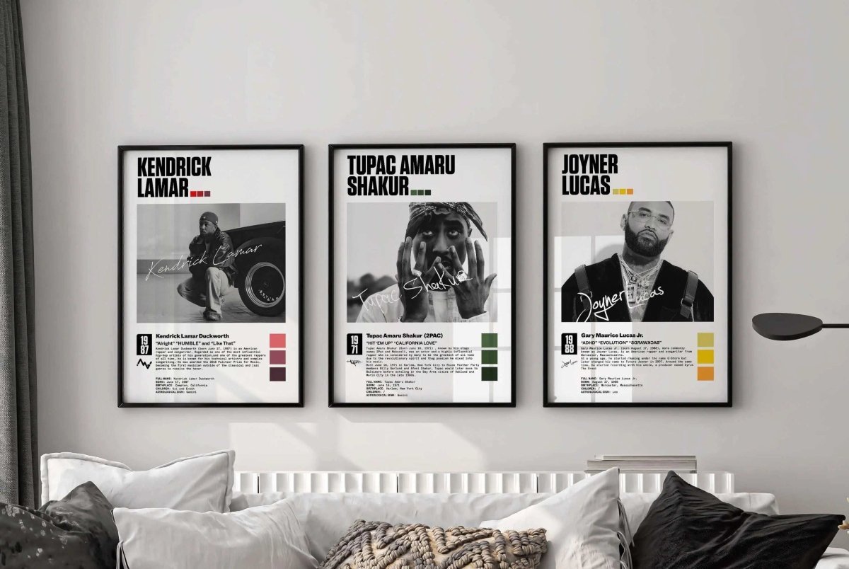 Hip Hop Album Cover Poster Set of 3 featuring Kendrick Lamar, Tupac, Joyner Lucas in framed digital wall art for modern living room — Haus of Prints
