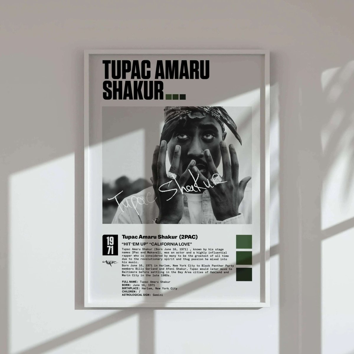 Hip Hop Album Cover Poster Set of 3 featuring Tupac Shakur black and white digital wall art in a modern living room, Haus of Prints.