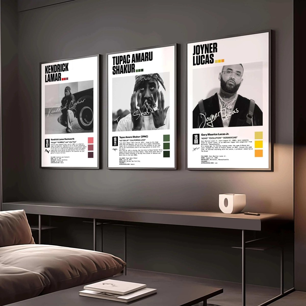 Hip Hop Album Cover Poster Set of 3 featuring Kendrick Lamar, Tupac, and Joyner Lucas in modern living room, printable digital wall art by Haus of Prints.