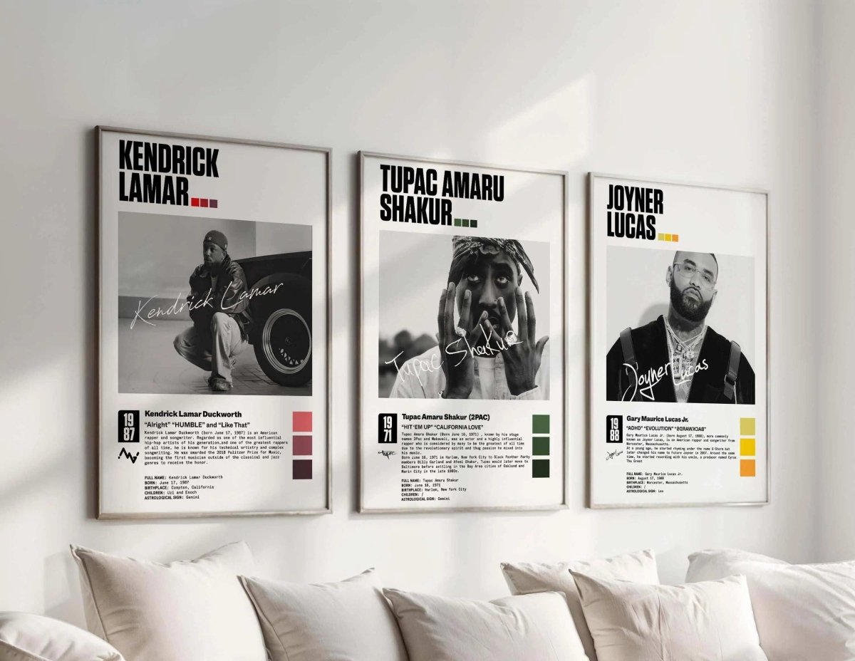 Hip Hop Album Cover Poster Set of 3 featuring Kendrick Lamar, Tupac, and Joyner Lucas in framed digital wall art above sofa, Haus of Prints.