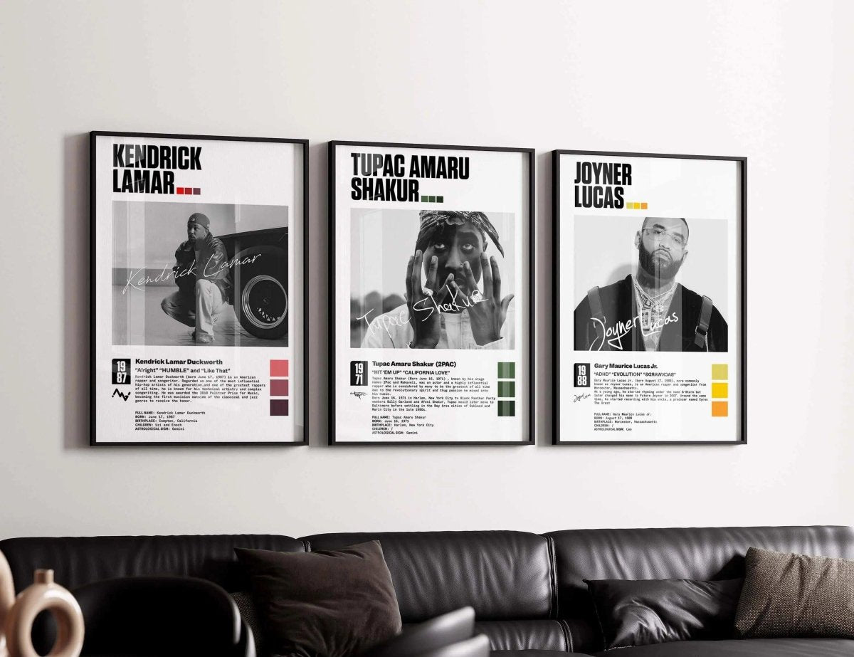 Hip Hop Album Cover Poster Set of 3 featuring Kendrick Lamar, Tupac, Joyner Lucas framed digital wall art for living room by Haus of Prints.
