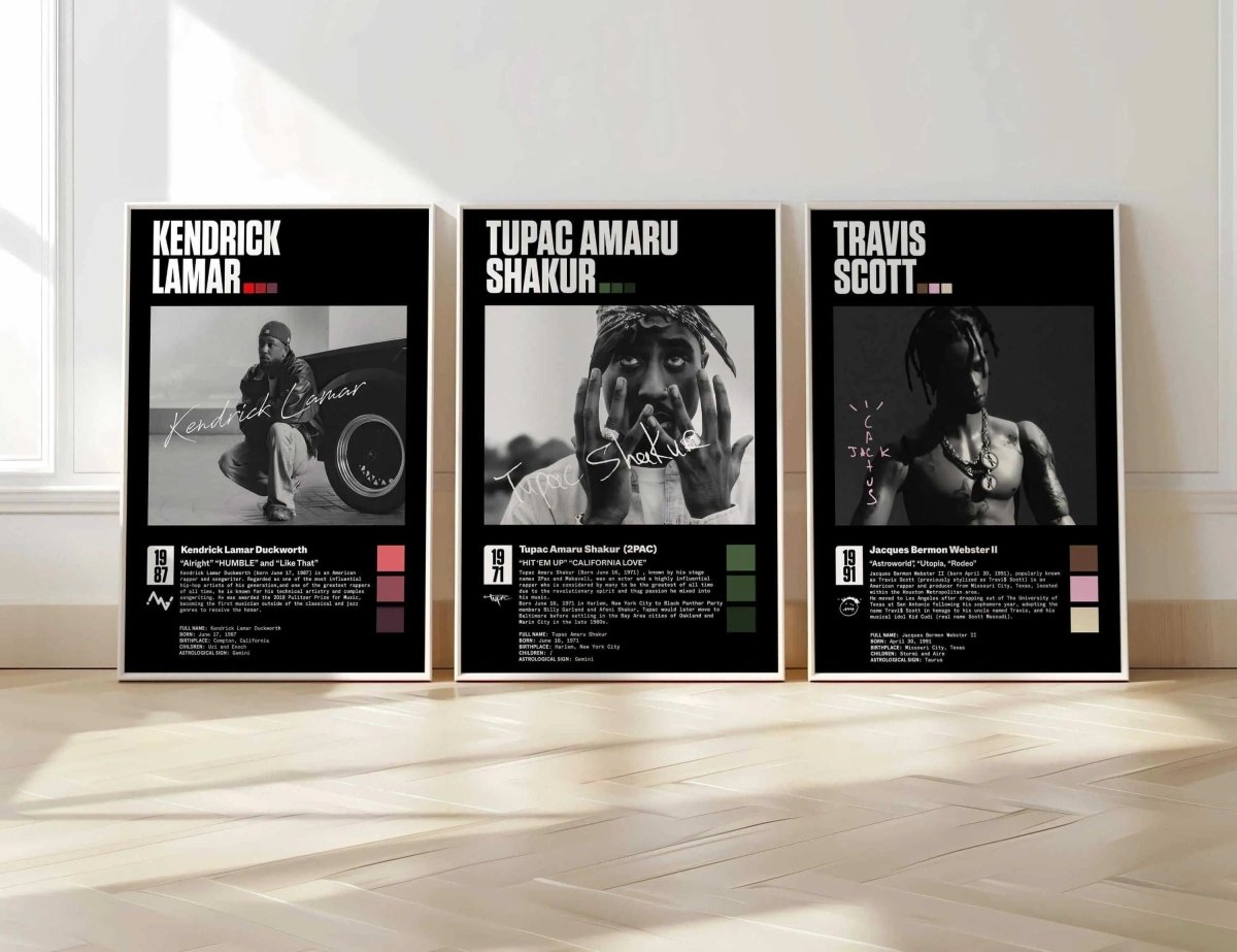 Hip Hop Rap Wall Art Set of 3 featuring Kendrick Lamar, Tupac, Travis Scott in black and white digital printable art by Haus of Prints.