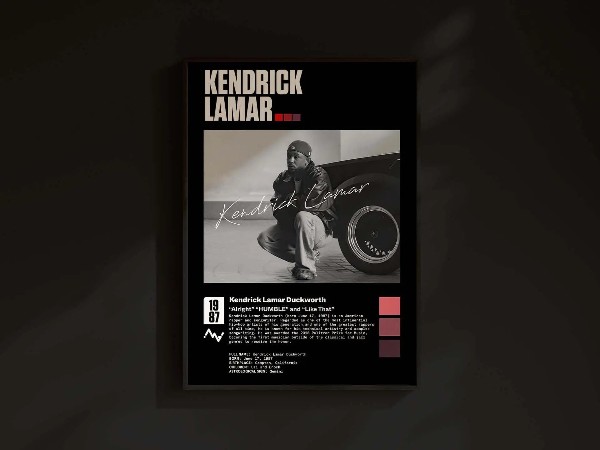 Kendrick Lamar hip-hop digital wall art print with black and white portrait and red accents, modern living room decor — Haus of Prints.