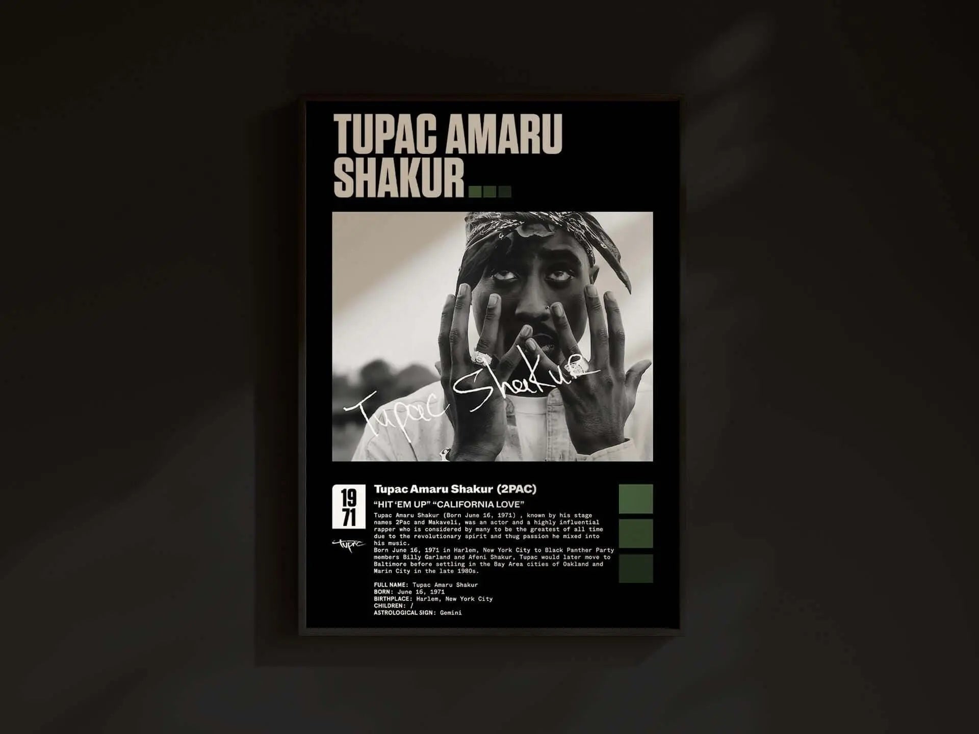 Tupac Amaru Shakur hip-hop digital wall art poster, framed black and white printable art for modern living room by Haus of Prints.