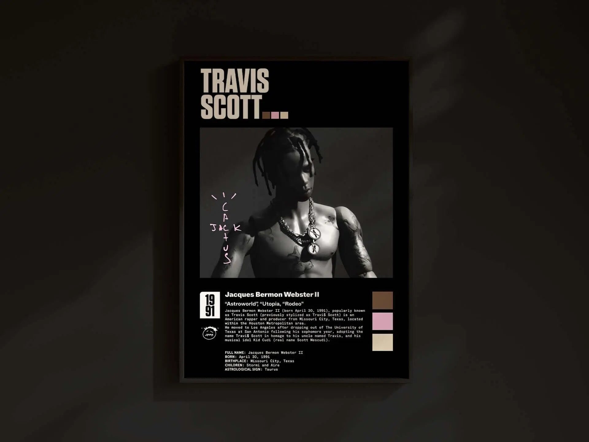 Travis Scott Hip Hop Rap digital wall art print in black and pink tones, modern living room decor, instant download — Haus of Prints.