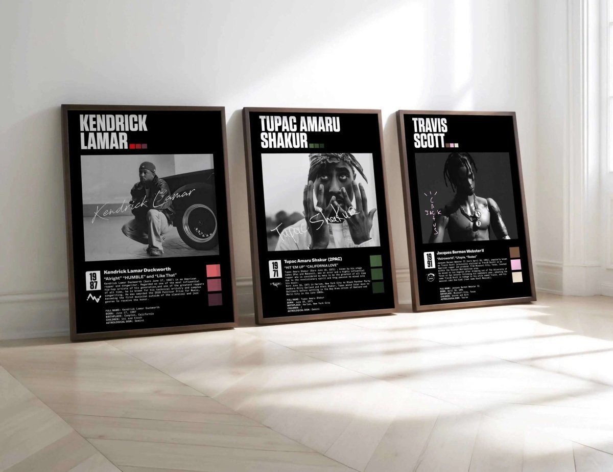 Hip Hop Rap Wall Art Set of 3 featuring Kendrick Lamar, Tupac, Travis Scott in framed digital art prints for modern living room, Haus of Prints.