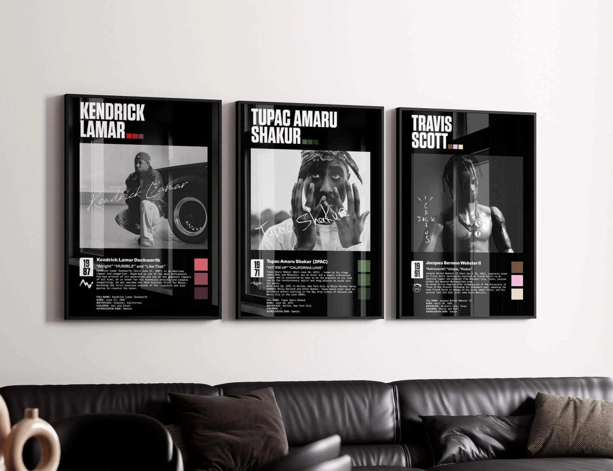Hip Hop Rap Wall Art Set of 3 featuring Kendrick Lamar, Tupac Shakur, and Travis Scott in framed digital prints in modern living room by Haus of Prints.