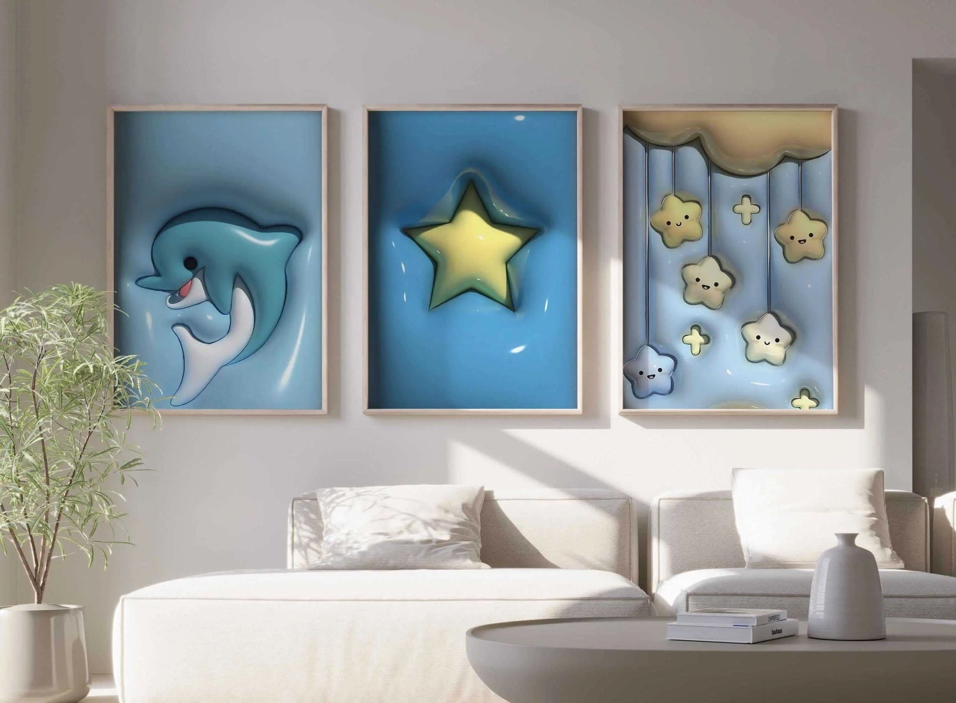 Close-up view of an art print featuring a playful dolphin design against a blue background.