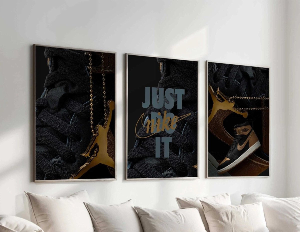 Hypebeast Nike Sneaker Wall Art Set of 3 featuring black and gold sneaker digital prints in modern living room — Haus of Prints.