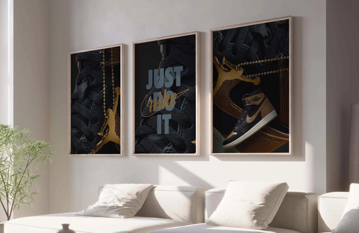Hypebeast Nike Sneaker Wall Art Set of 3 with gold accents, framed modern digital wall art in living room by Haus of Prints.