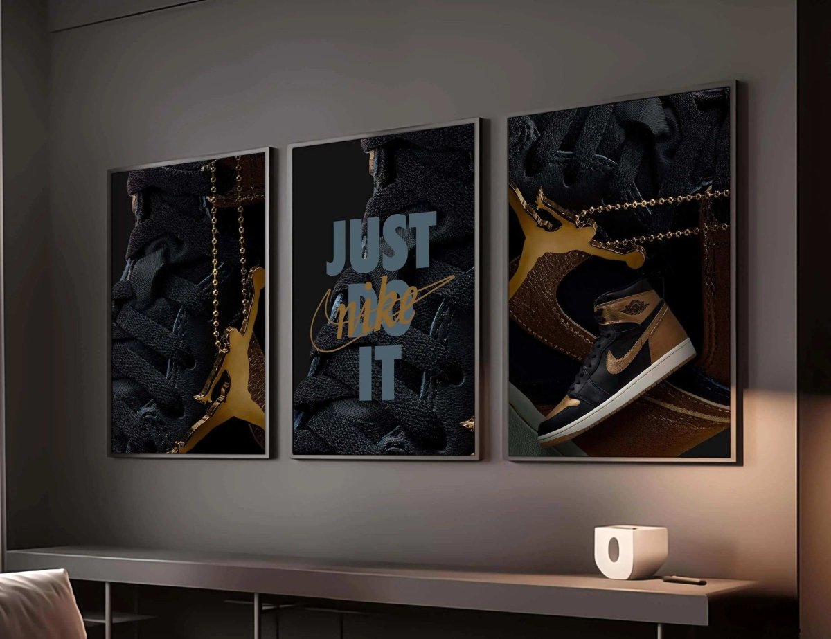 Hypebeast Nike Sneaker Wall Art Set of 3 featuring vibrant sneaker art in framed digital wall art for modern living room decor, Haus of Prints.