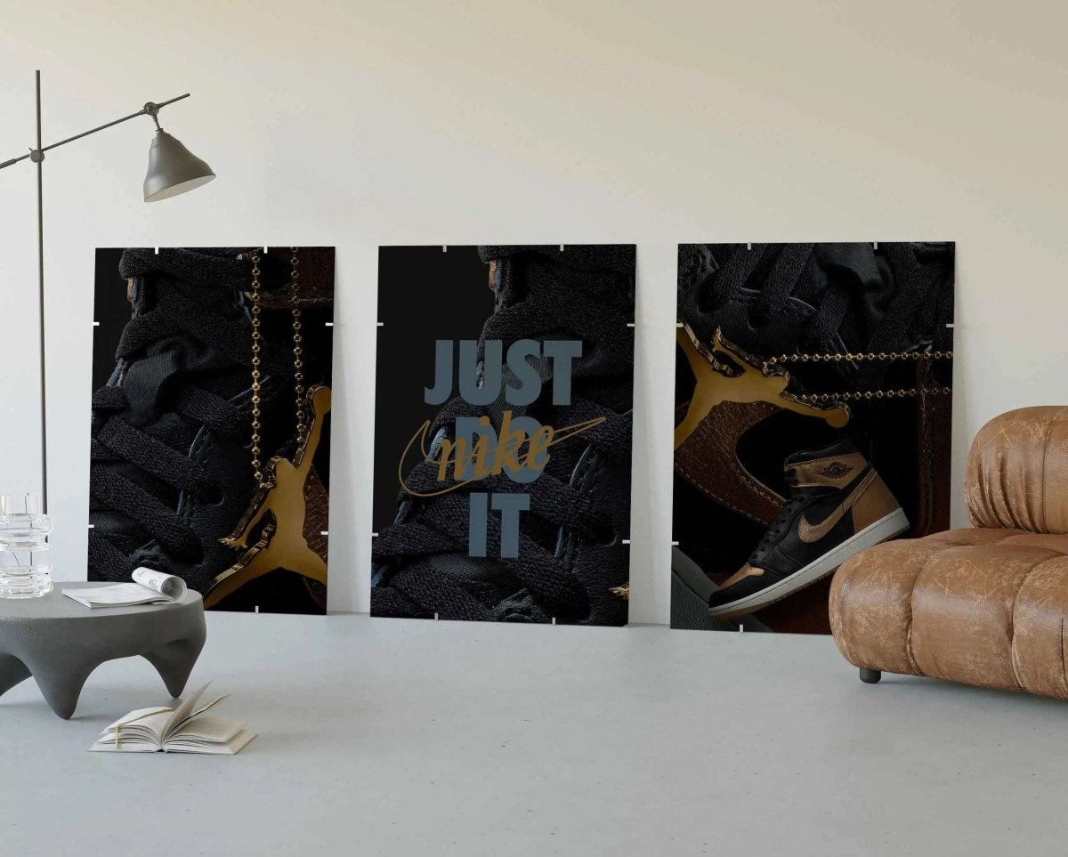 Hypebeast Nike Sneaker Wall Art Set of 3 featuring black and gold sneaker digital prints in a modern living room — Haus of Prints.