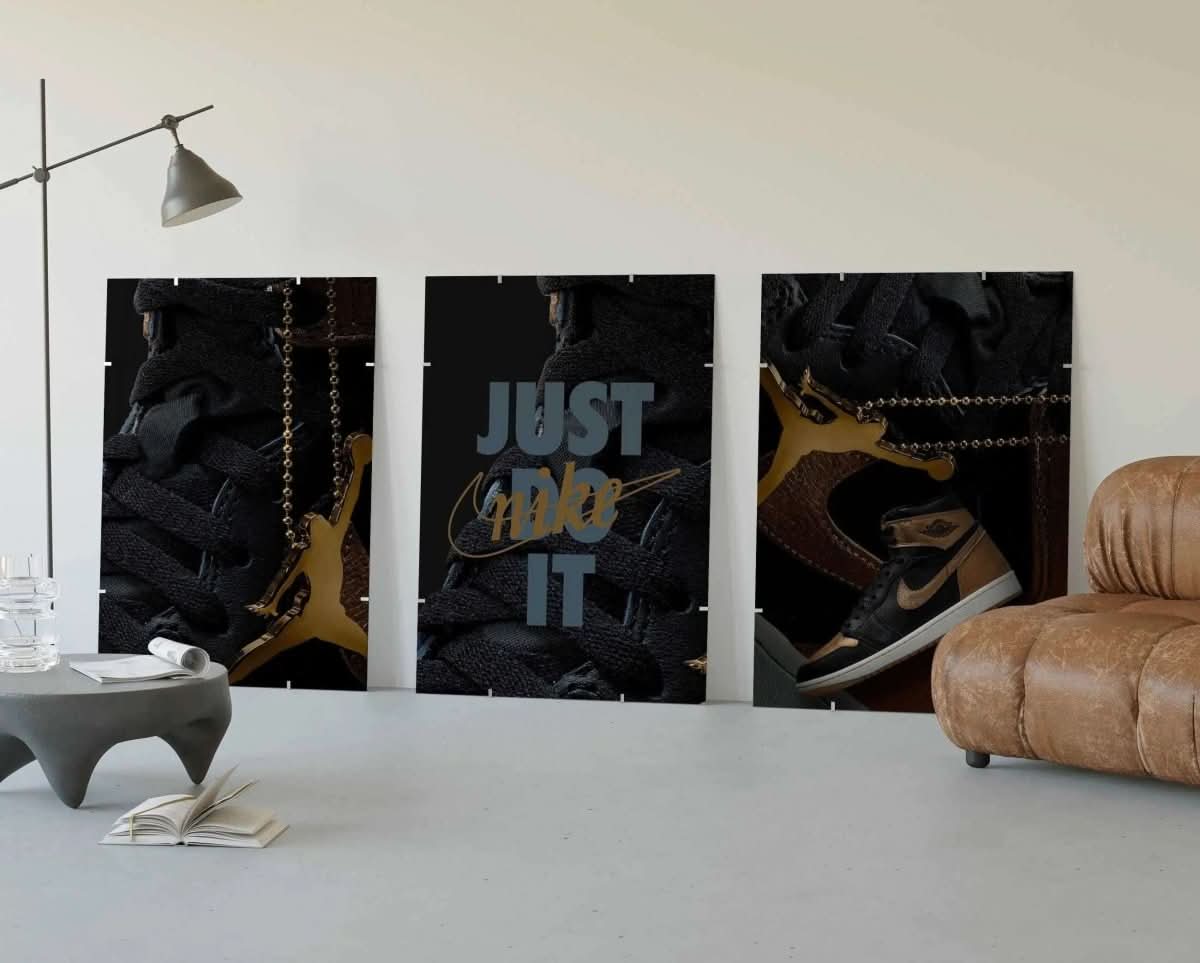 Hypebeast Nike Sneaker Wall Art Set of 3 featuring bold sneaker graphics with vibrant colors and modern text design.