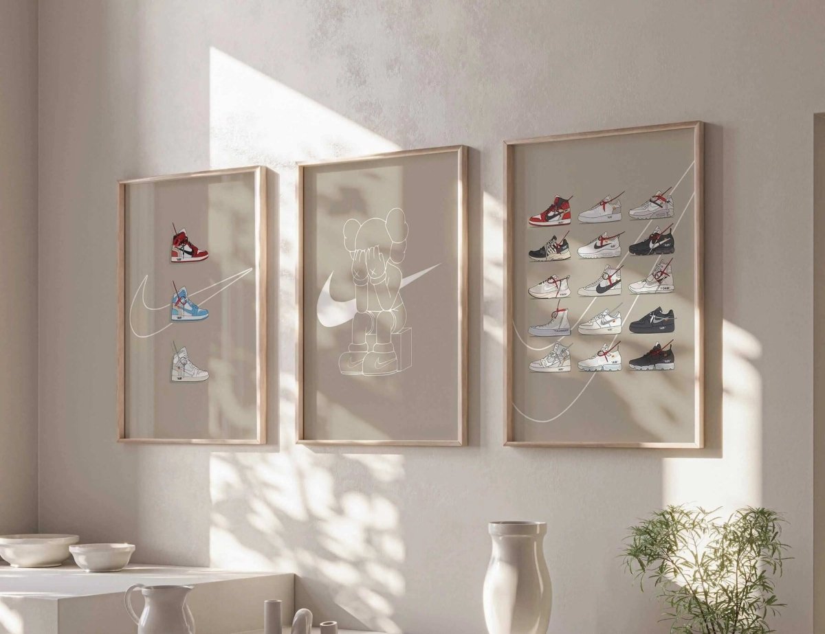 Hypebeast Sneaker Art Poster Set of 3 framed as modern digital wall art with sneaker designs in a sunlit living room by Haus of Prints.