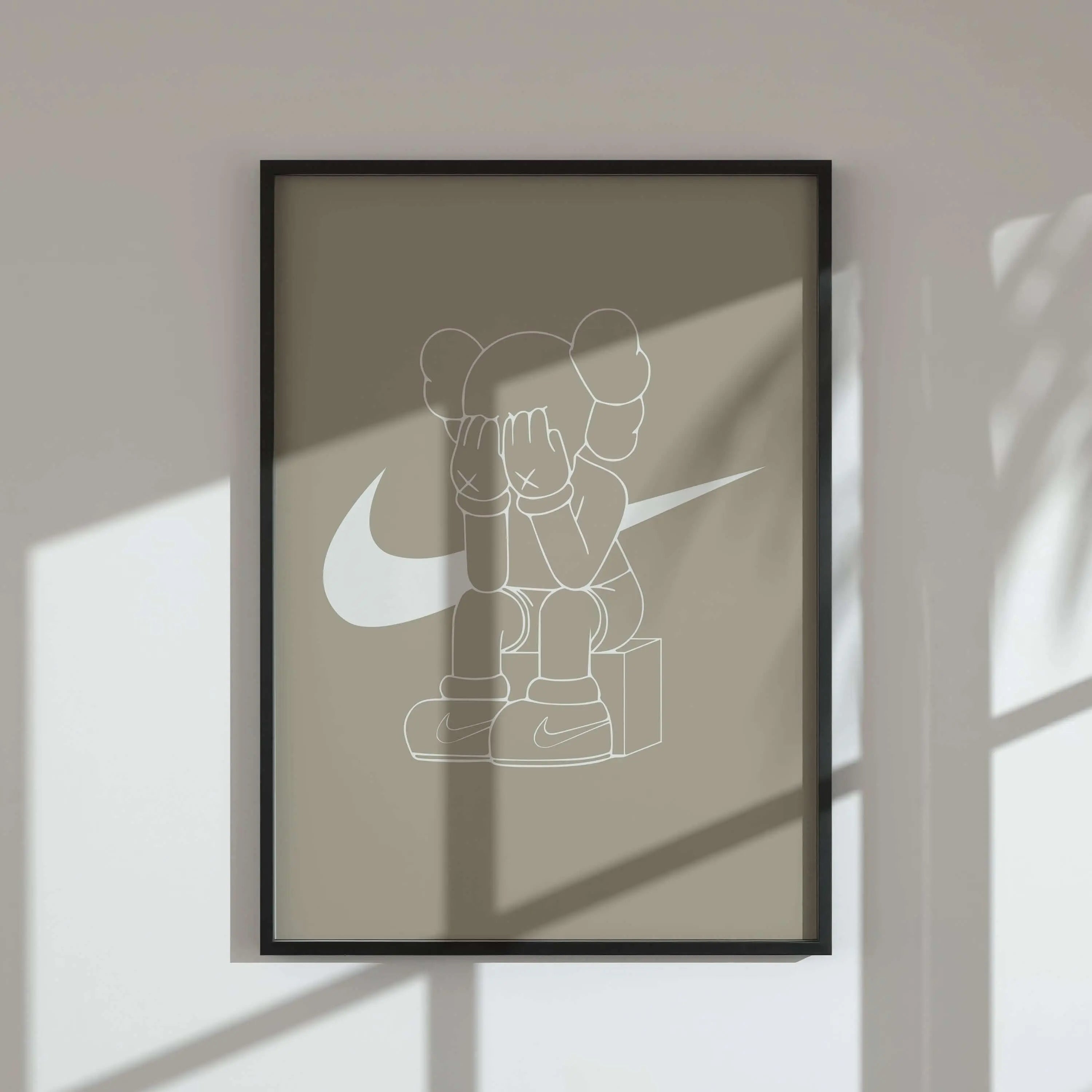 Minimalist sneaker art poster featuring outlined figure with Nike swoosh, framed digital wall art for modern home decor, Haus of Prints.