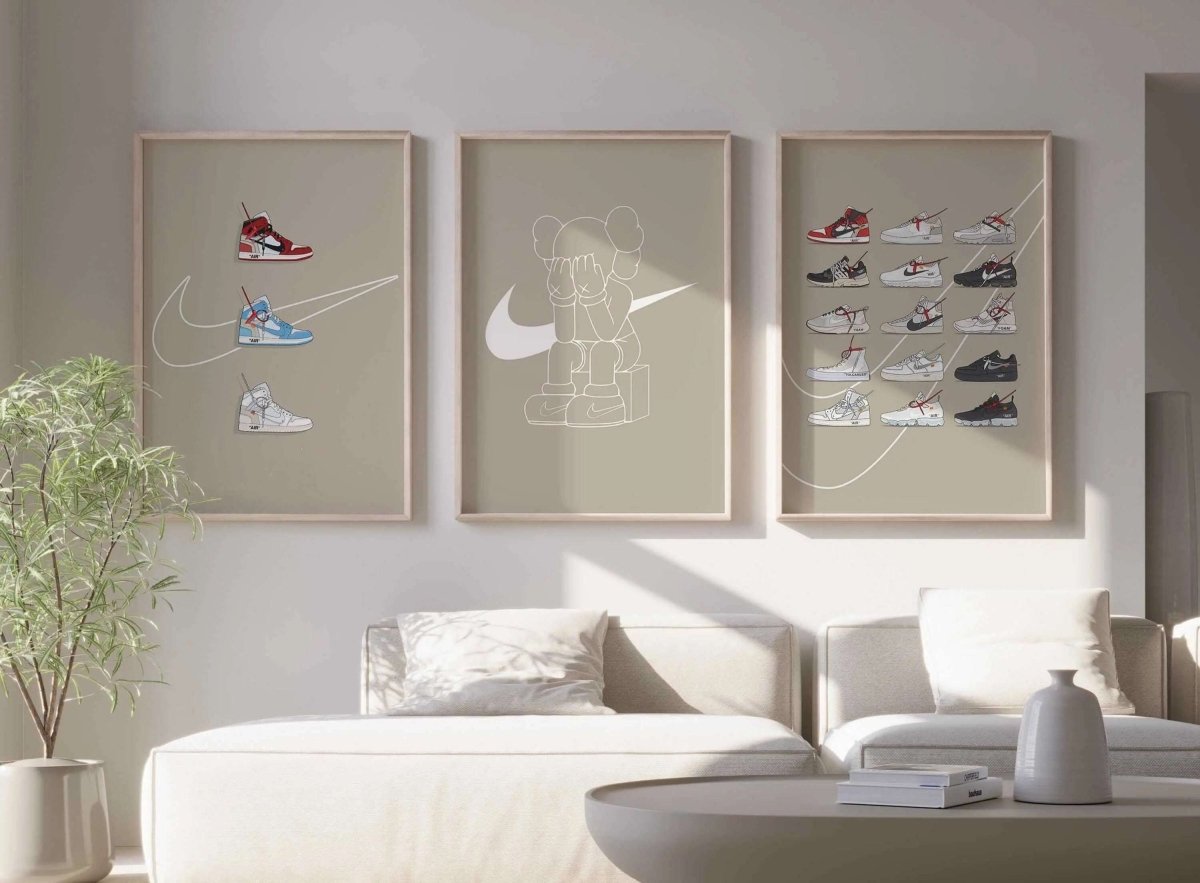Hypebeast Sneaker Art Poster Set of 3 showcasing modern sneaker digital wall art in a bright living room, printable art by Haus of Prints.