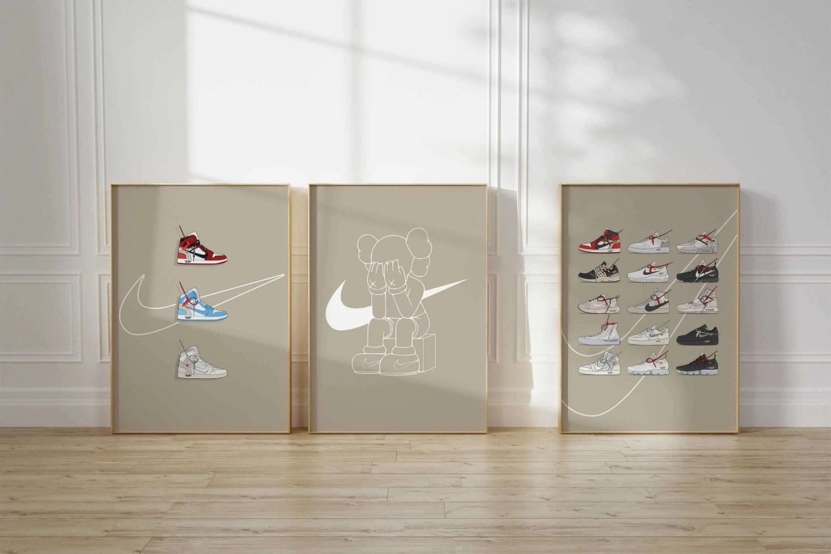 Set of 3 sneaker art posters showcasing colorful sneaker designs and streetwear in modern living room, digital wall art by Haus of Prints.
