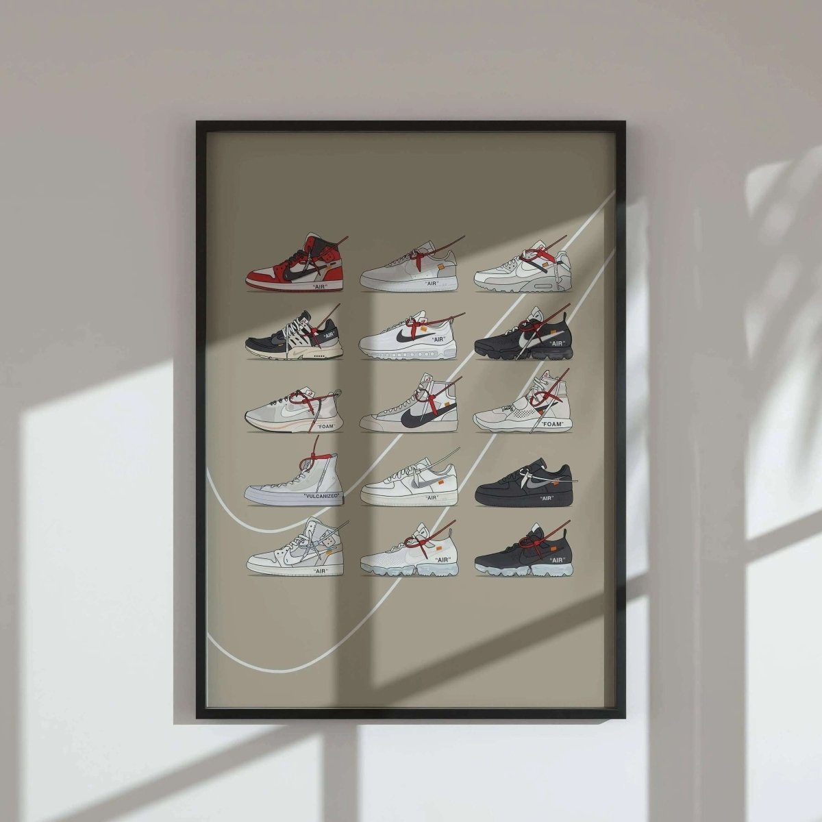 Framed Hypebeast Sneaker Art Poster featuring streetwear sneaker designs in a modern living room, digital wall art by Haus of Prints.