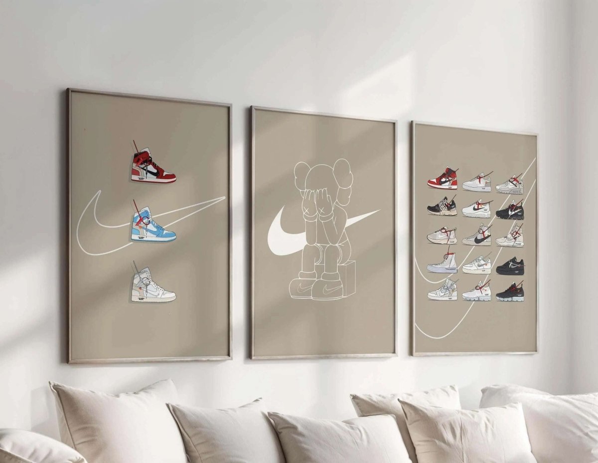Hypebeast Sneaker Art Poster Set of 3 featuring modern sneaker digital wall art in a minimalist living room by Haus of Prints