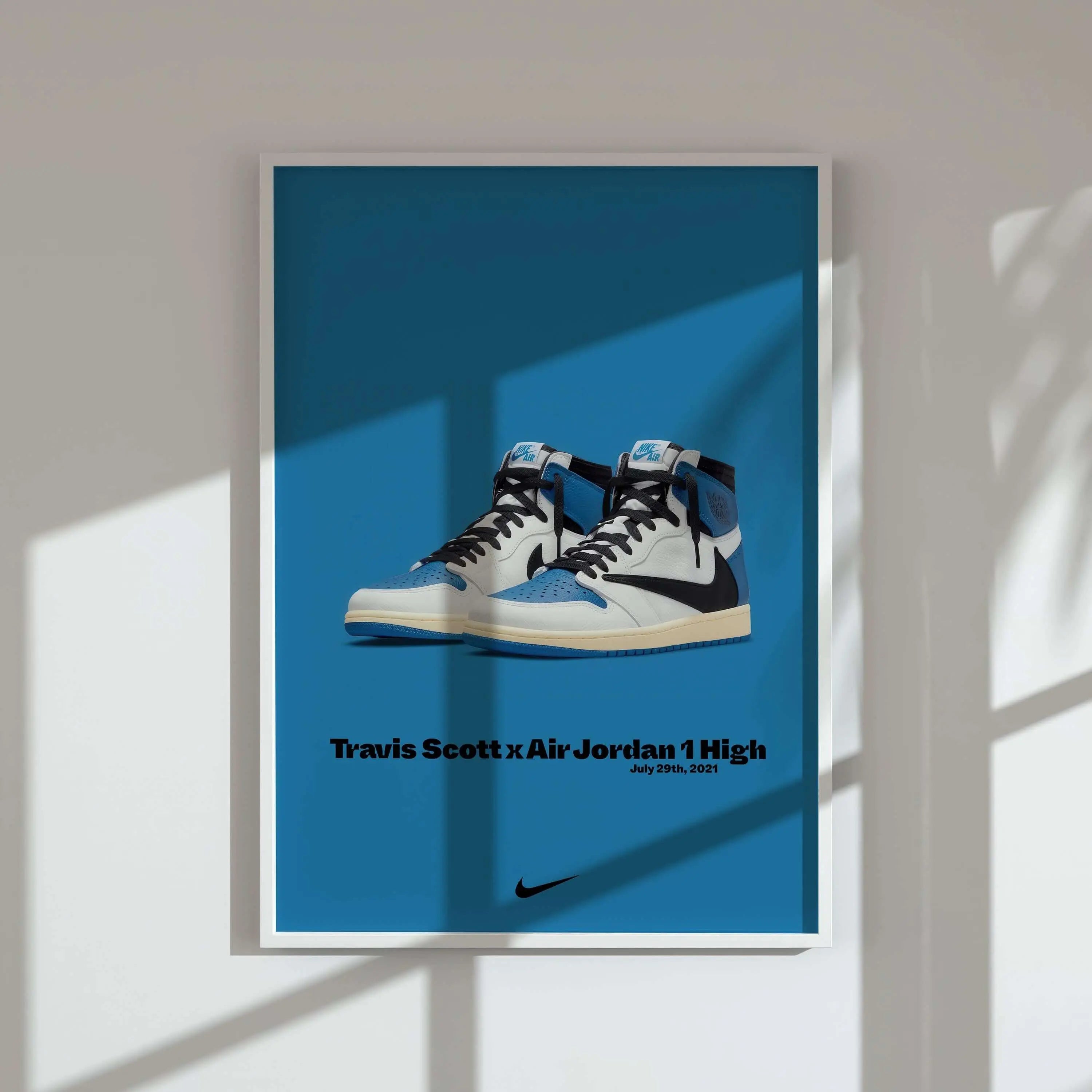 Travis Scott x Air Jordan 1 High sneaker art digital wall art print in white frame, modern living room decor, Haus of Prints.