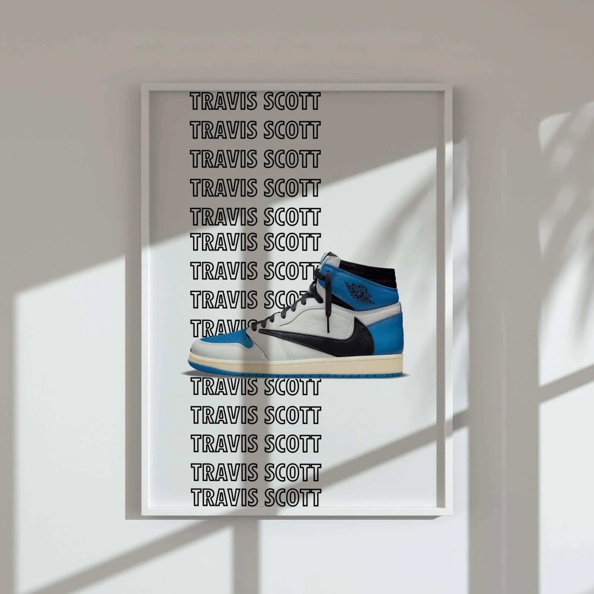 Hypebeast Sneaker Art Print Set of 3 featuring Travis Scott sneaker digital wall art in a modern room, printable art by Haus of Prints.