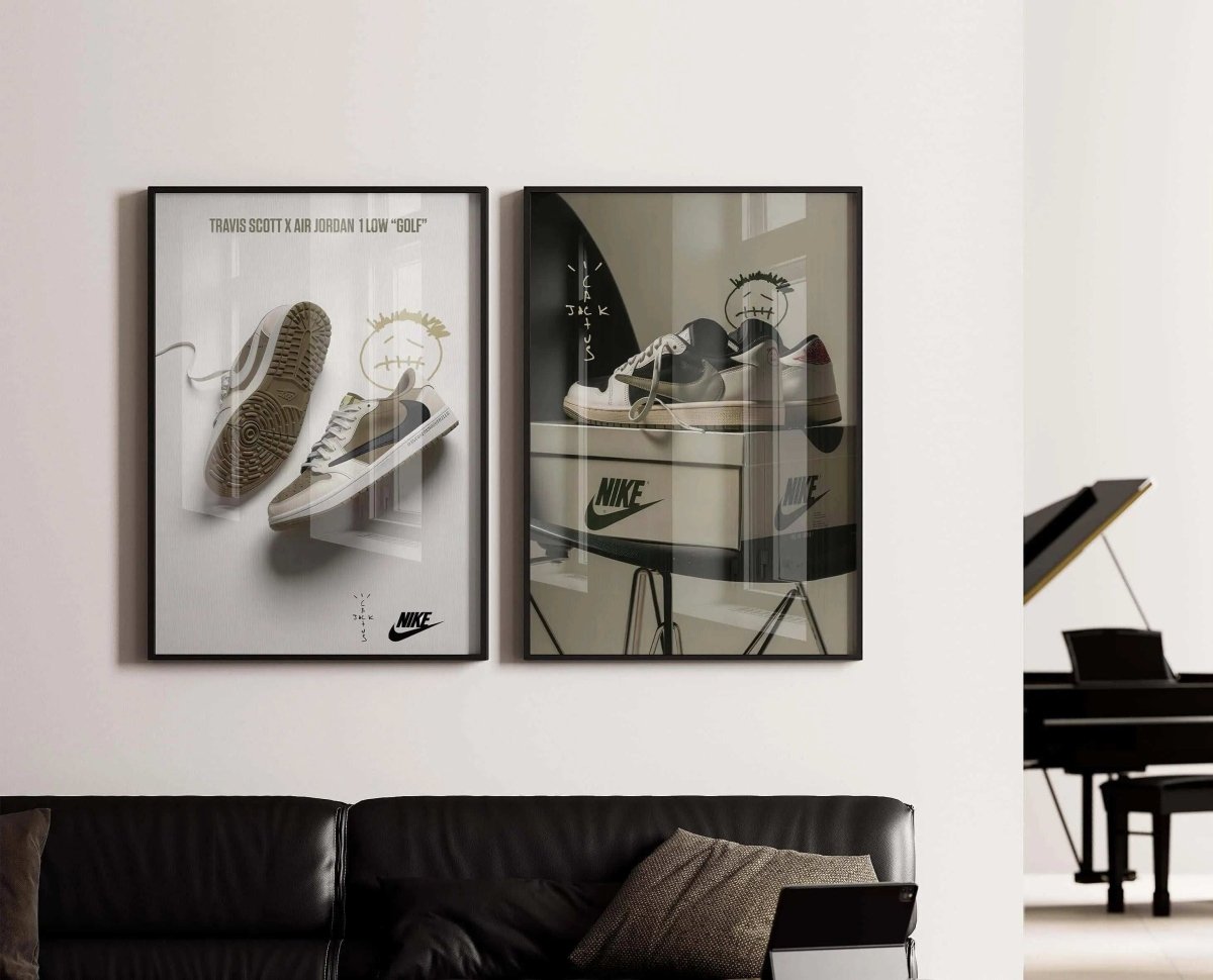 Hypebeast Sneaker Wall Art Set of 2 featuring Nike sneakers framed in a modern living room, digital wall art by Haus of Prints.