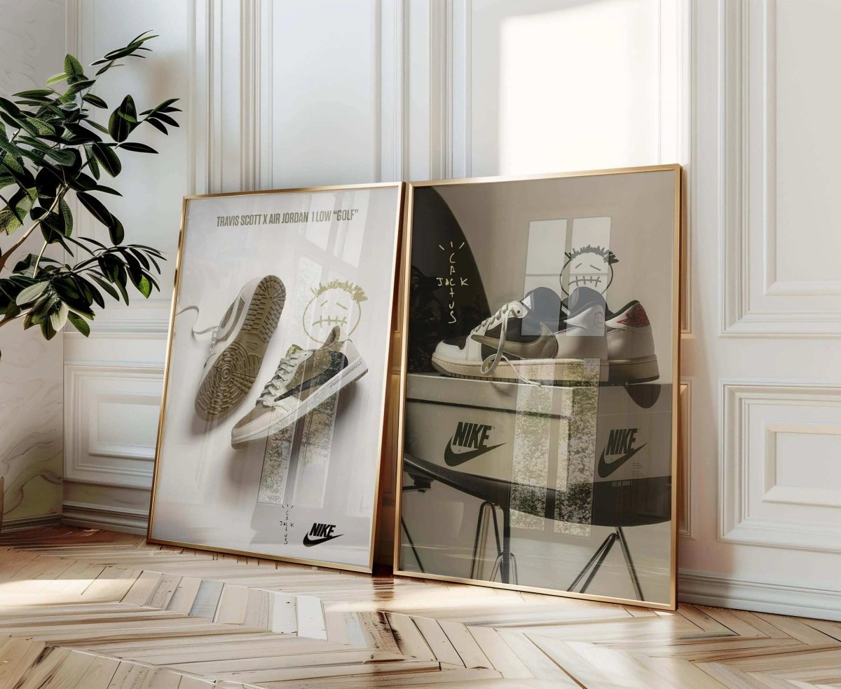 Hypebeast Sneaker Wall Art Set of 2 featuring framed sneaker digital art prints in a modern living room by Haus of Prints