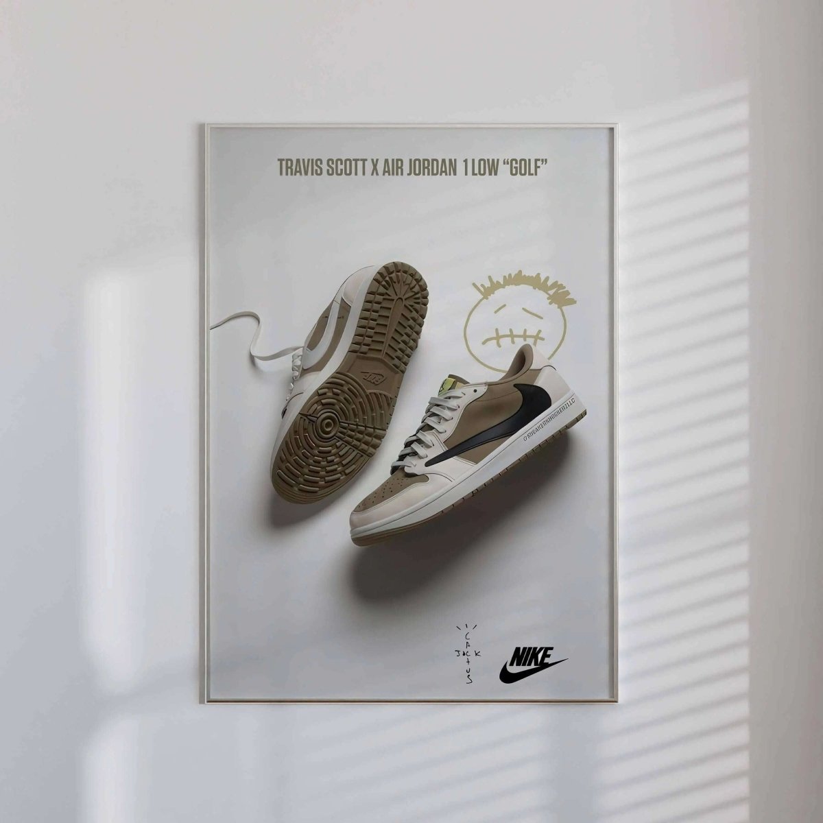 Travis Scott x Air Jordan 1 Low "Golf" sneaker art print framed in minimalist room, modern sneaker digital wall art — Haus of Prints.