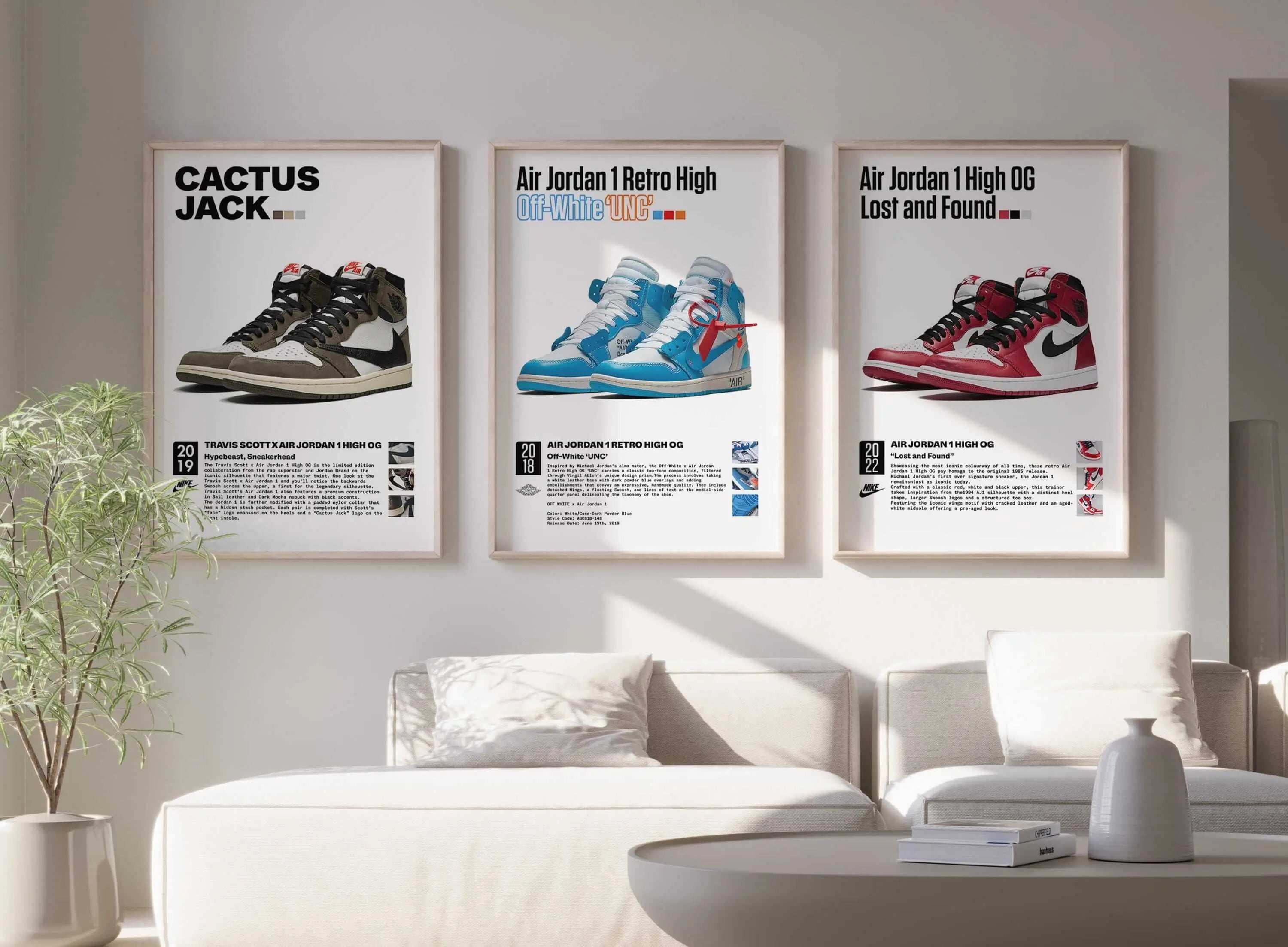 Hypebeast Sneakerhead Poster Set of 3 featuring iconic sneaker art framed as digital wall art in a modern living room, Haus of Prints.
