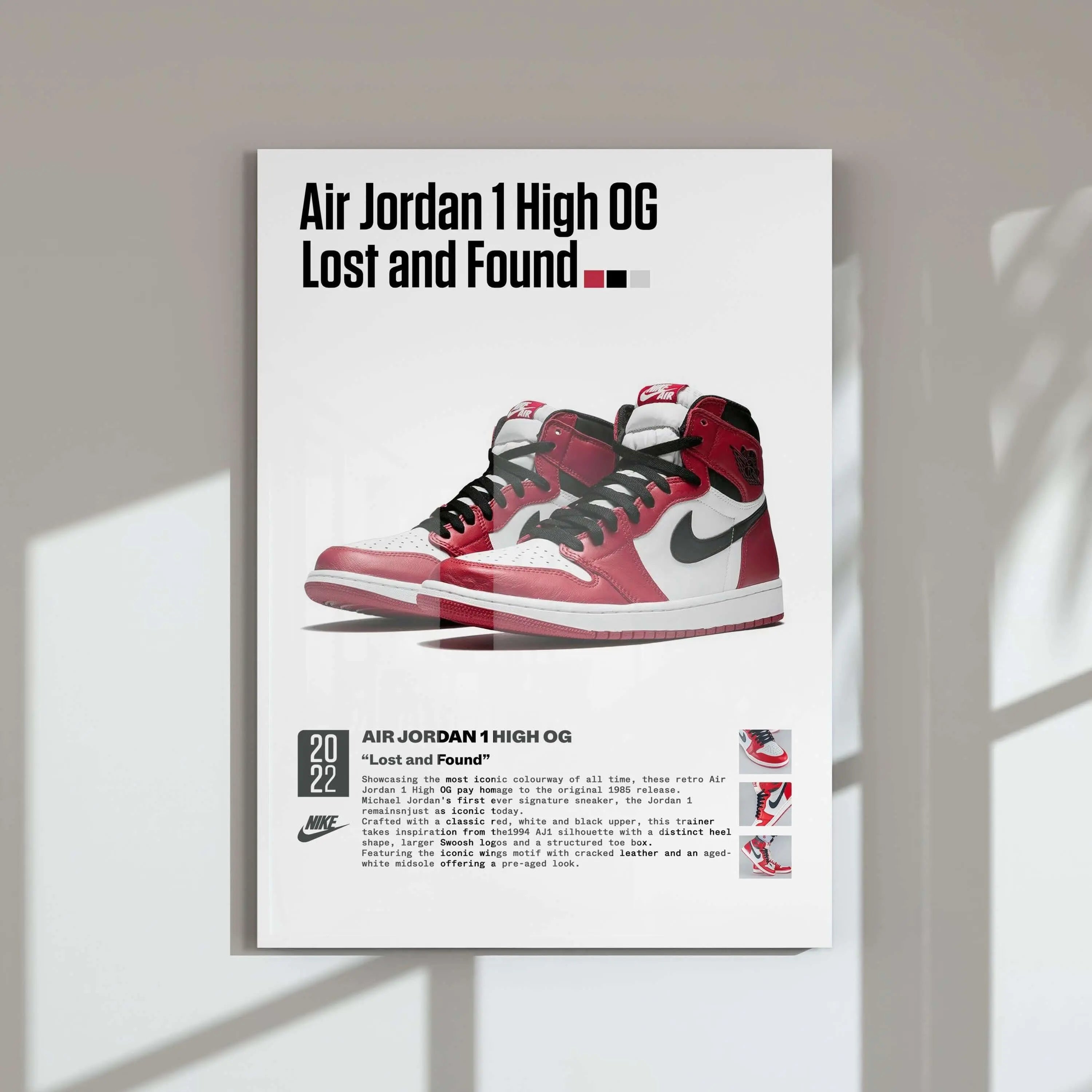 Air Jordan 1 High OG sneaker art printable poster with red, white, and black design, perfect for modern wall art, Haus of Prints.
