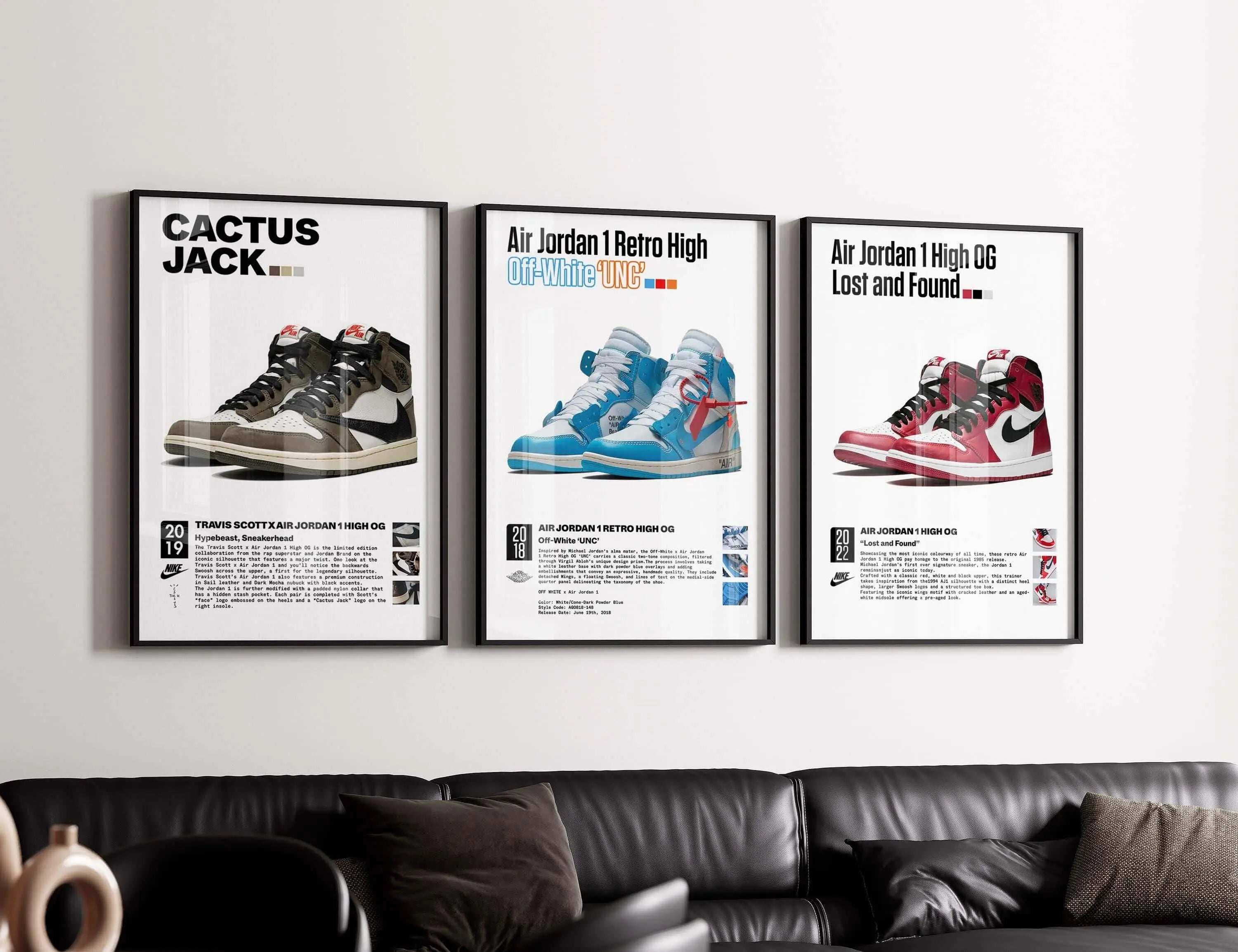 Hypebeast Sneakerhead Poster Set of 3 featuring iconic Jordan sneakers in framed digital wall art above sofa, modern living room — Haus of Prints.