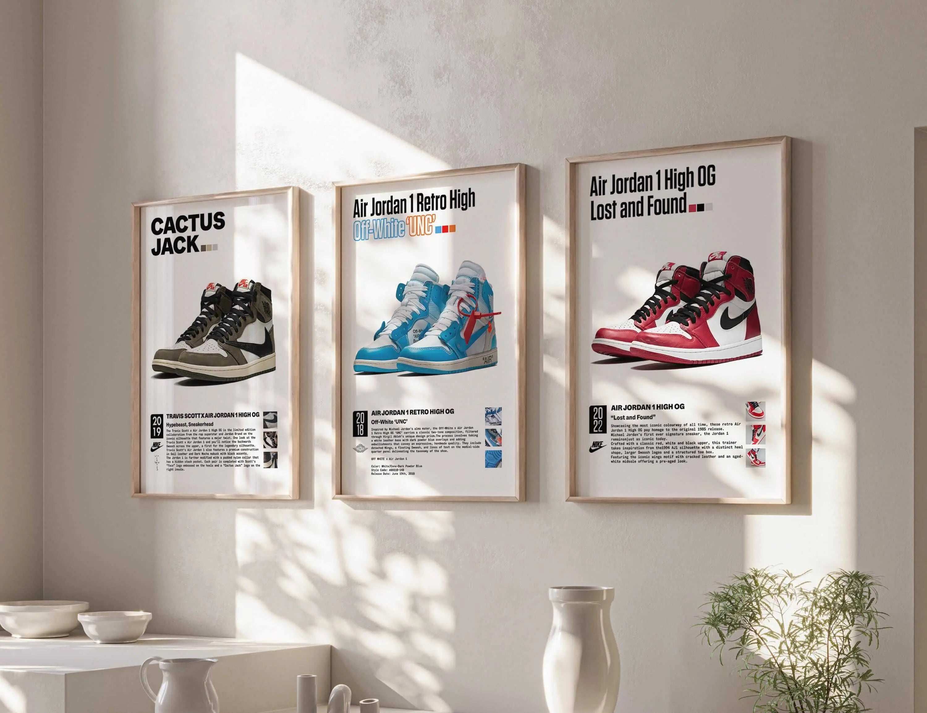 Hypebeast Sneakerhead Poster Set of 3 featuring sneaker art in framed digital wall art above sofa in modern living room — HAUS OF PRINTS