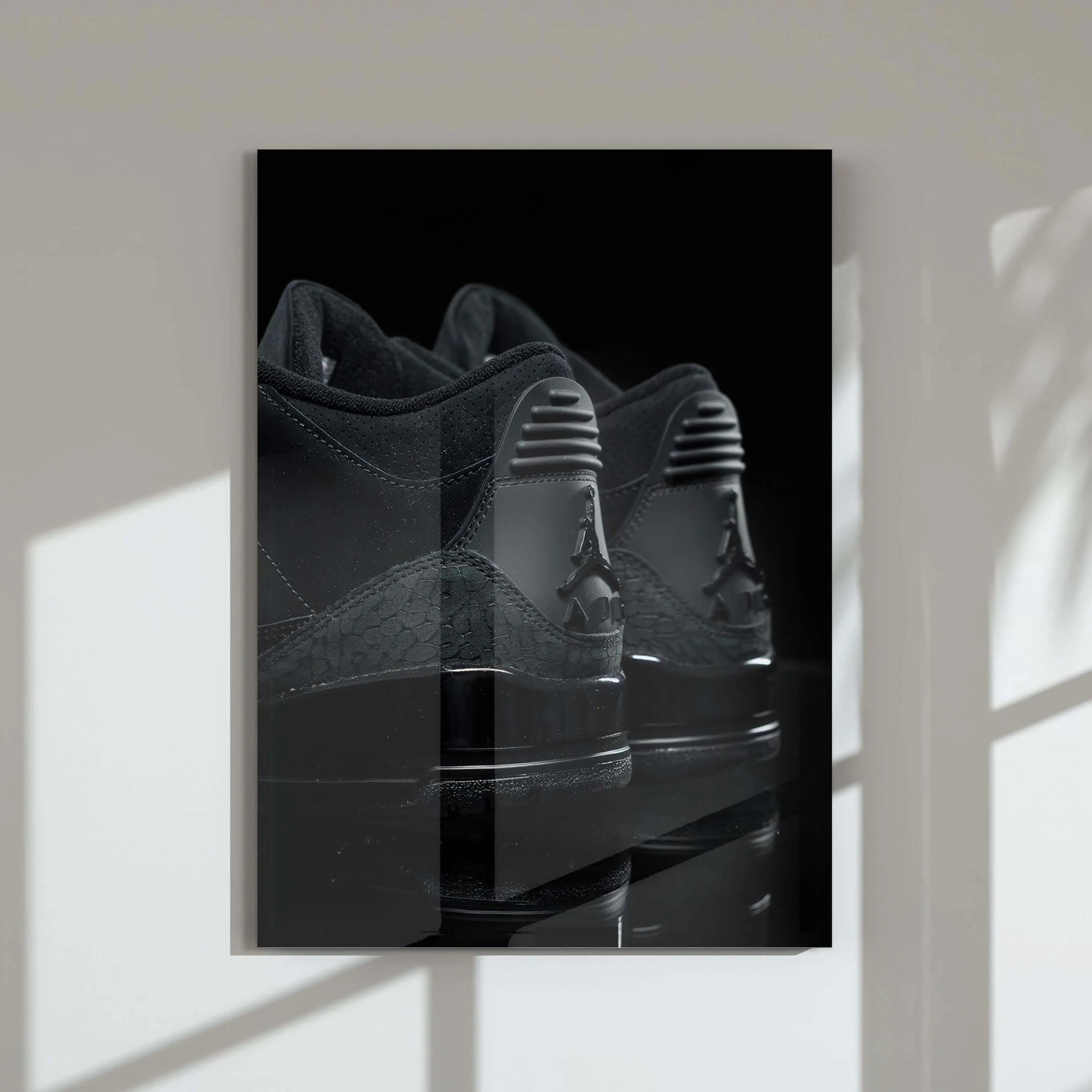 Hypebeast Sneakerhead Wall Art Set of 3 featuring black sneaker digital wall art print in modern living room, Haus of Prints.