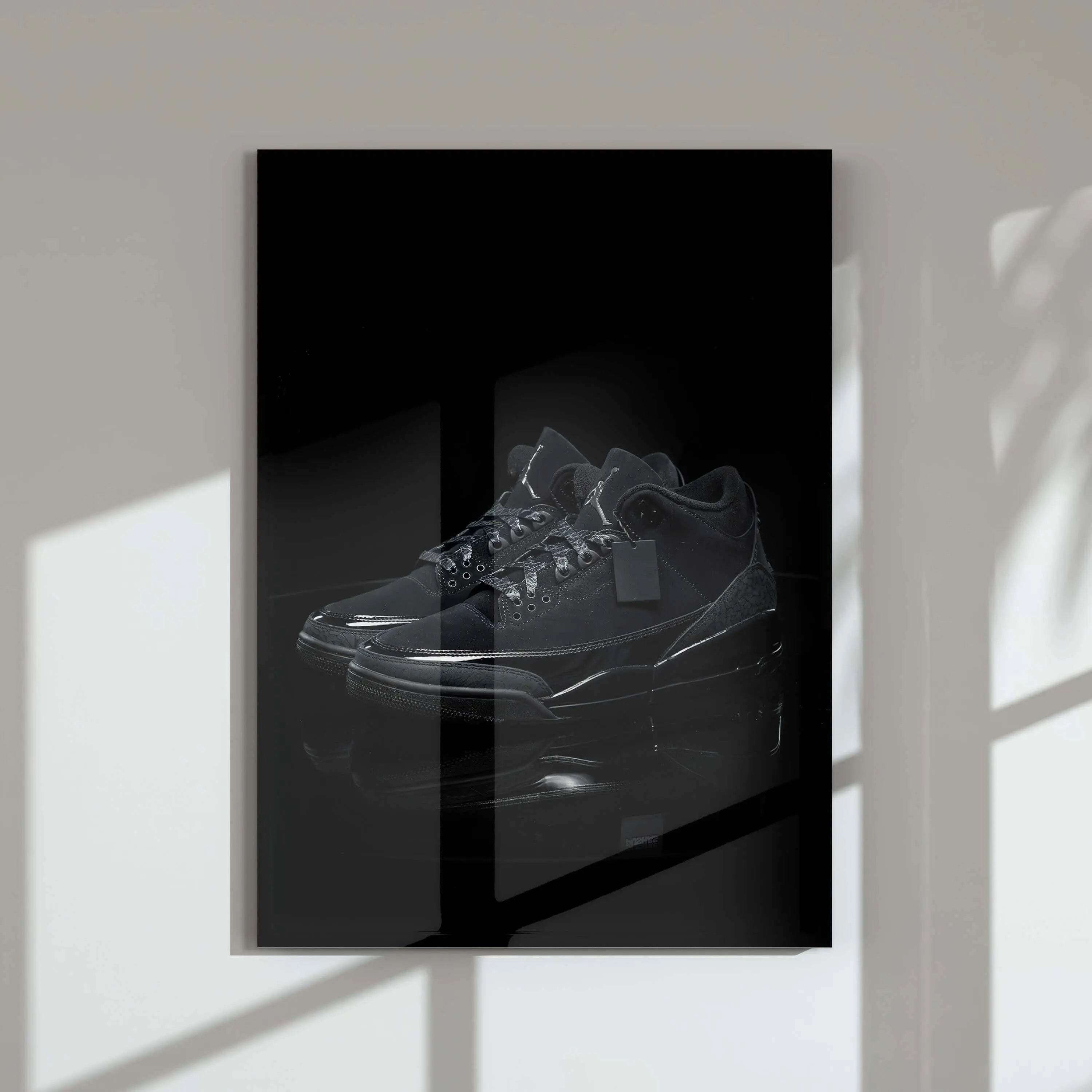 Dark-themed sneaker digital wall art print with reflective details, perfect for modern living room decor, Hypebeast Sneakerhead Wall Art Set of 3, HAUS OF PRINTS.