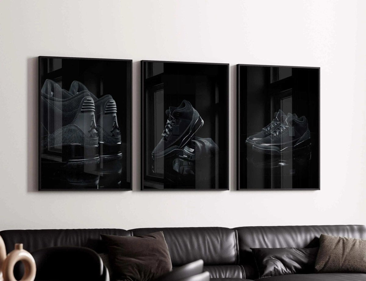 Hypebeast Sneakerhead Wall Art Set of 3 featuring sleek black sneaker art in framed digital wall art above a modern living room sofa — HAUS OF PRINTS