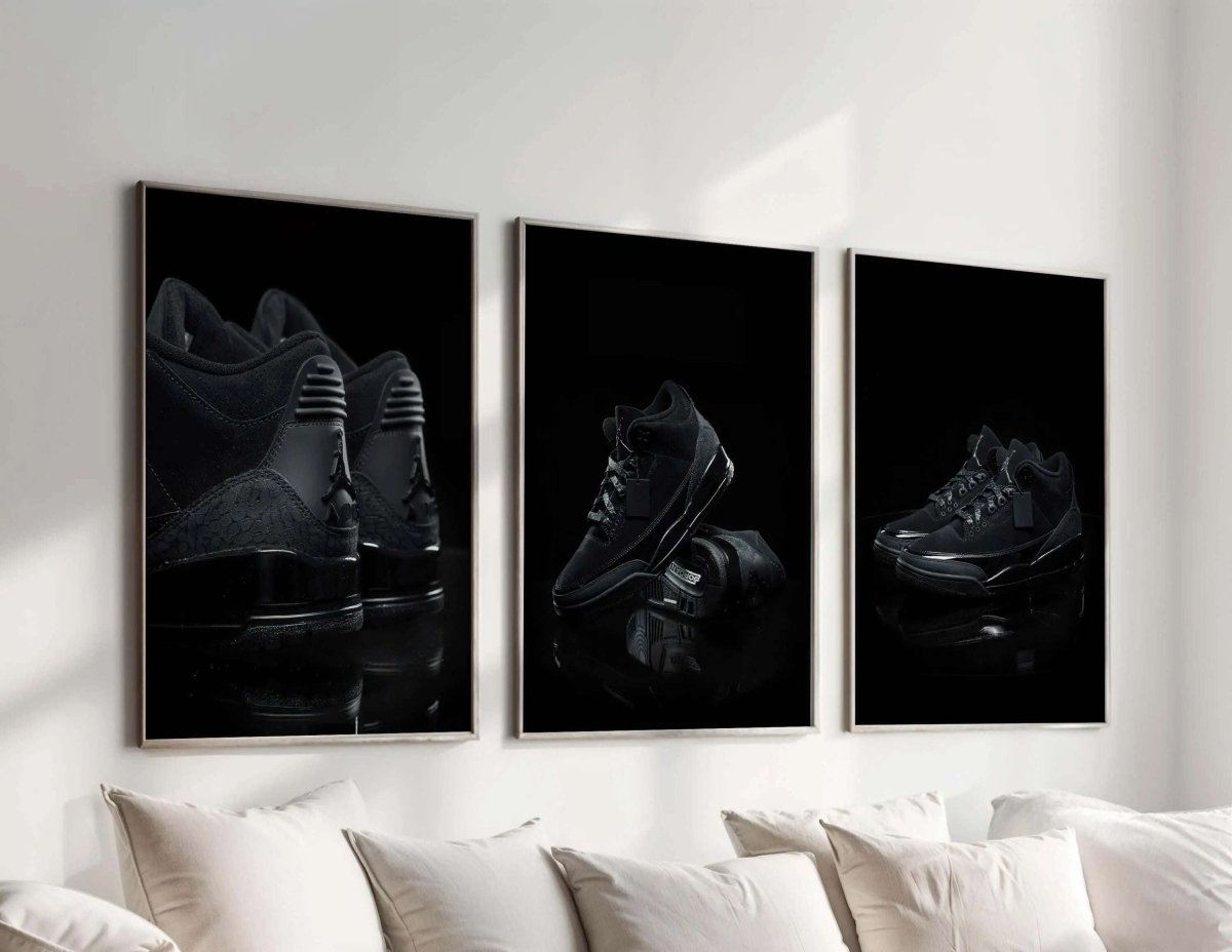 Hypebeast Sneakerhead Wall Art Set of 3 featuring sleek black sneaker digital wall art prints in a modern living room — Haus of Prints.