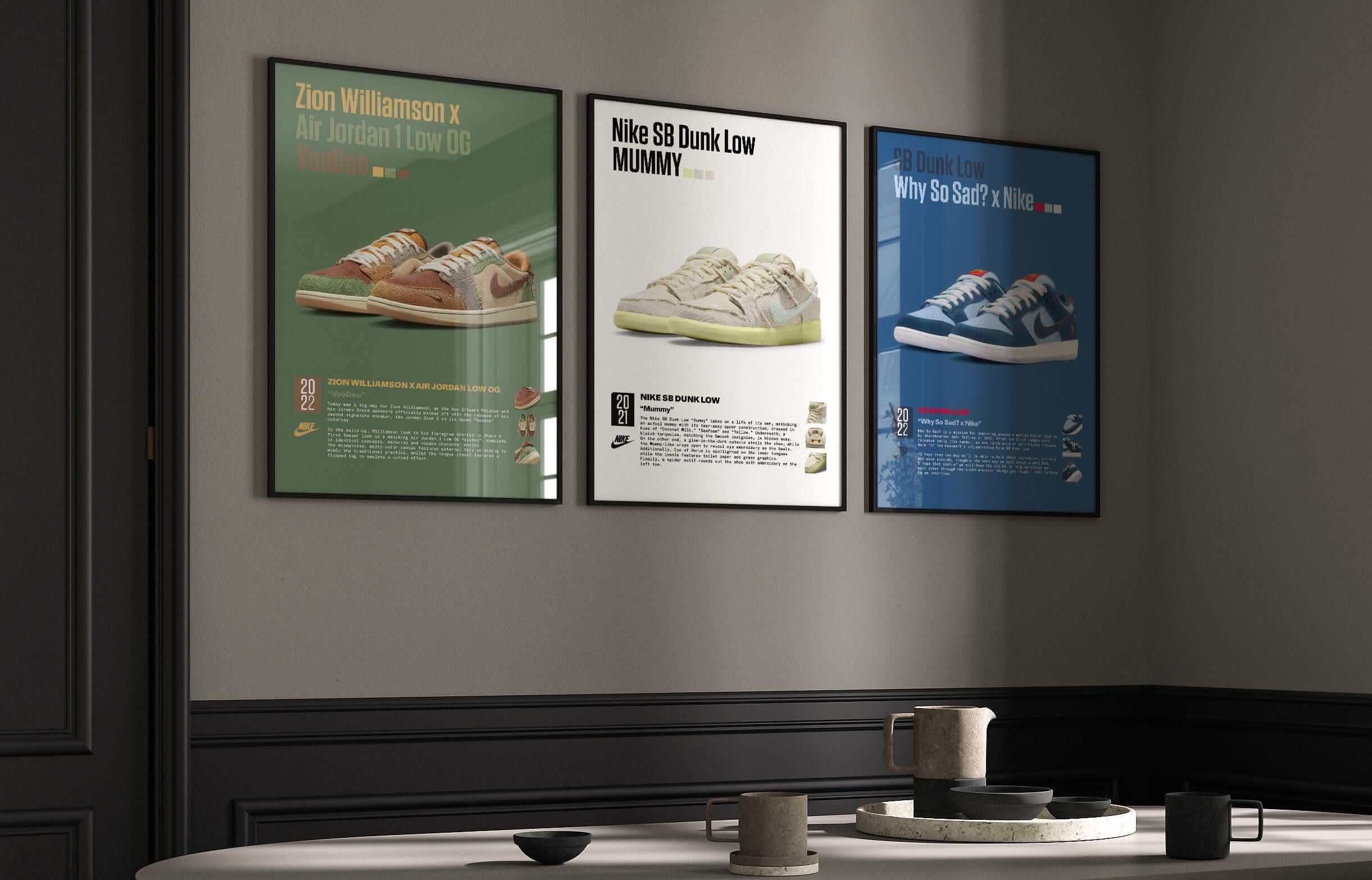 Hypebeast Streetwear Wall Art Set of 3 featuring sneaker art printable posters in a modern dining room, digital prints download by Haus of Prints.