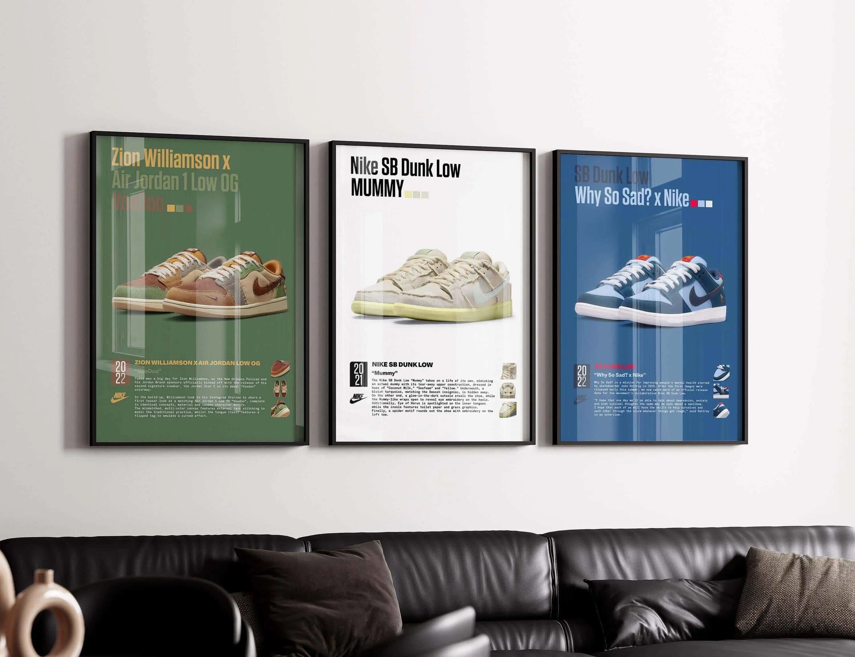 Hypebeast Streetwear Wall Art Set of 3 featuring sneaker art prints in black frames above a sofa in a modern living room — Haus of Prints.