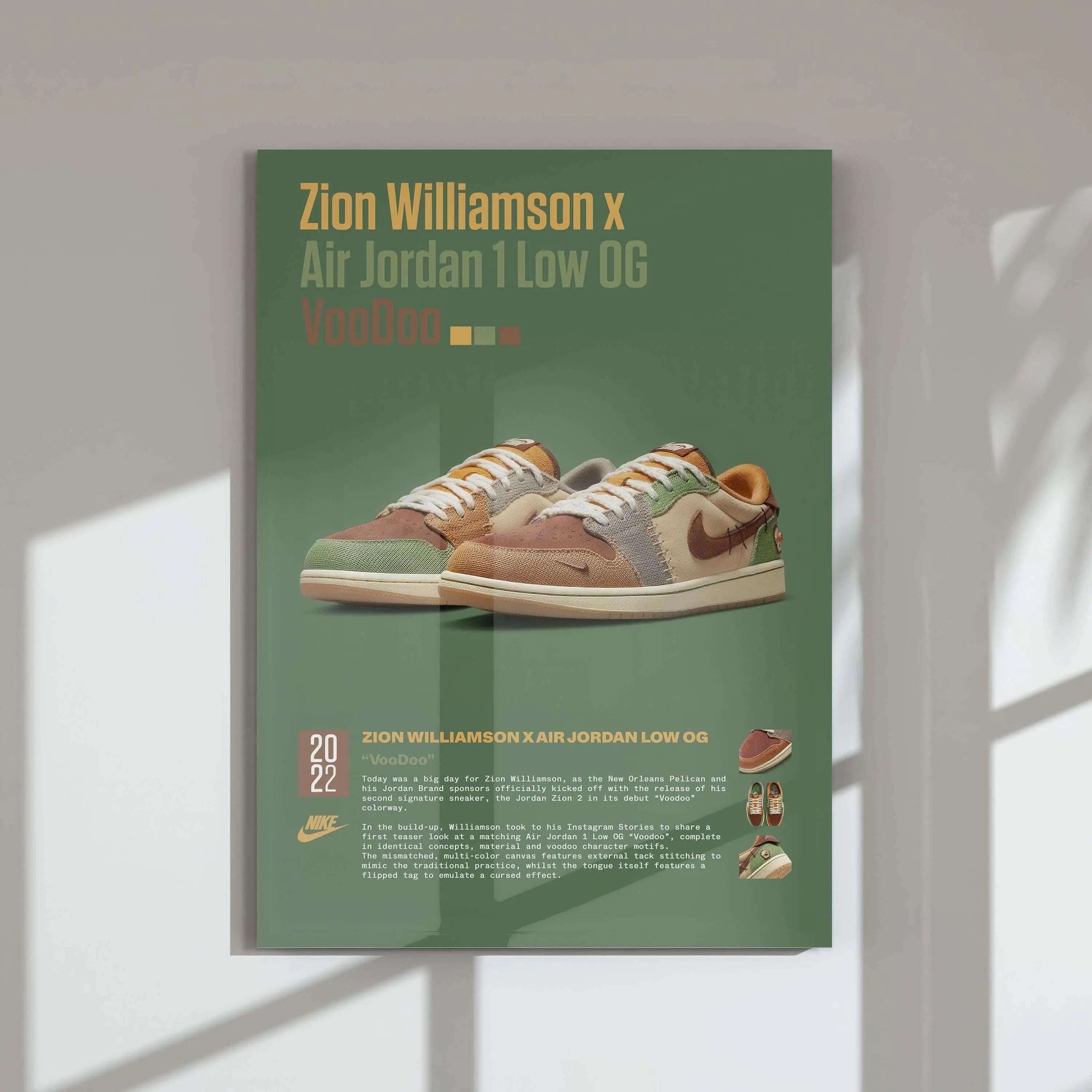 Zion Williamson x Air Jordan 1 Low OG sneaker digital wall art print in muted tones, modern living room decor — Haus of Prints.