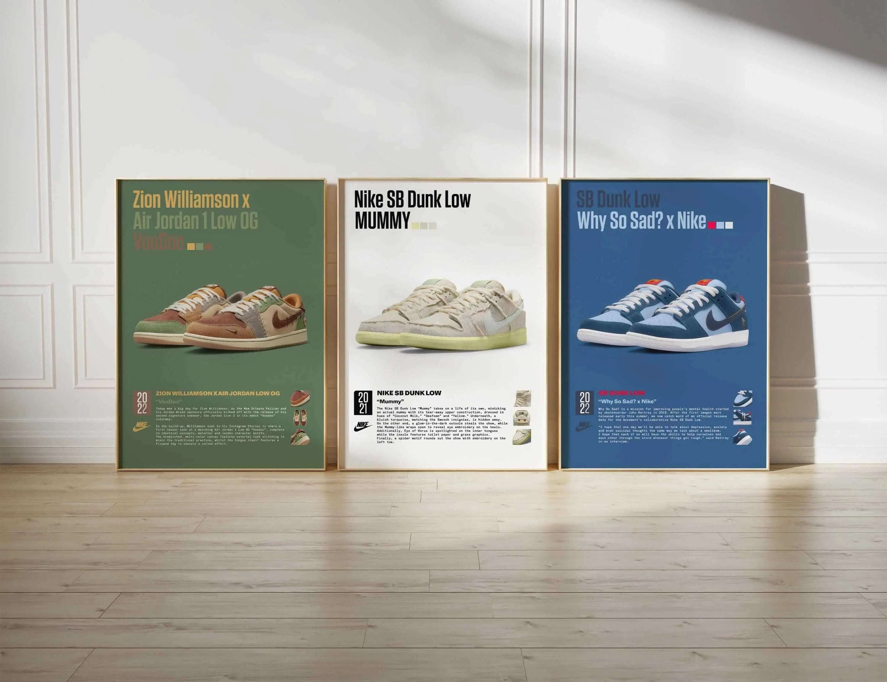 Hypebeast Streetwear Wall Art Set of 3 featuring sneaker art digital prints in frames, displayed on floor in modern living room — Haus of Prints