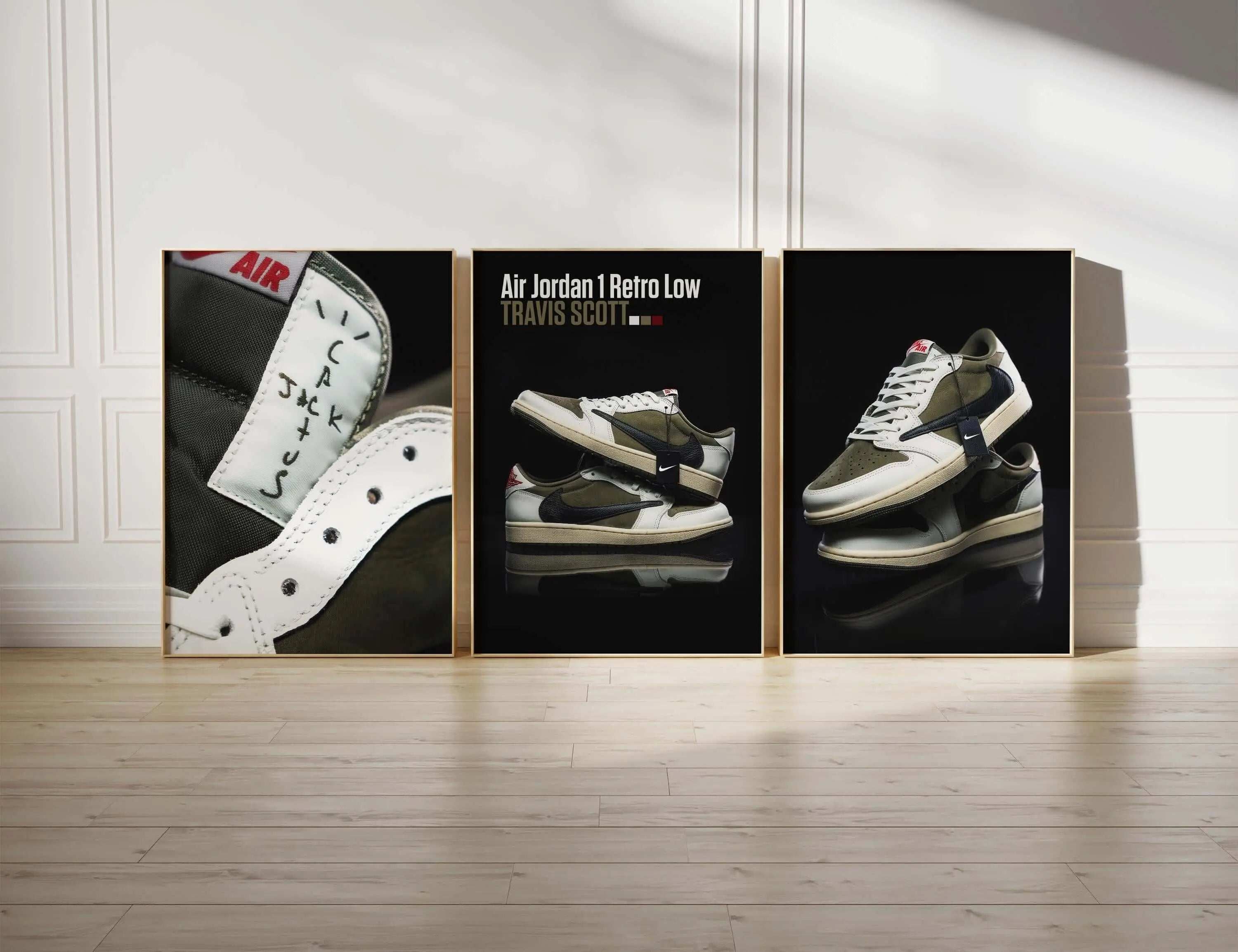 Hypebeast Urban Sneaker Poster Set of 3 featuring Travis Scott Air Jordan 1 Retro Low digital wall art in modern living room by Haus of Prints