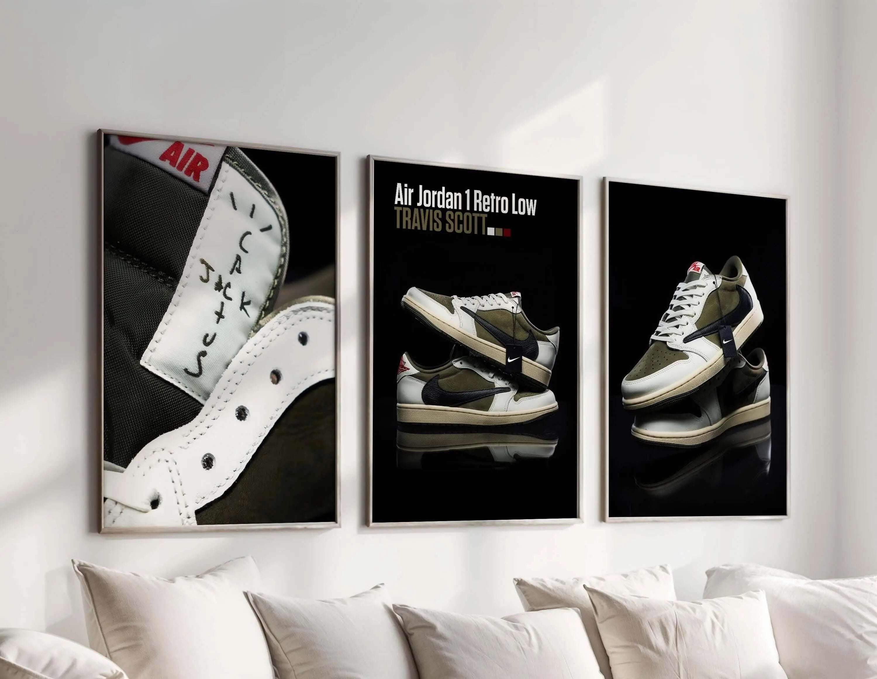 Hypebeast Urban Sneaker Poster Set of 3 showcasing Air Jordan 1 Retro Low sneaker art in framed digital wall art above a white sofa — Haus of Prints