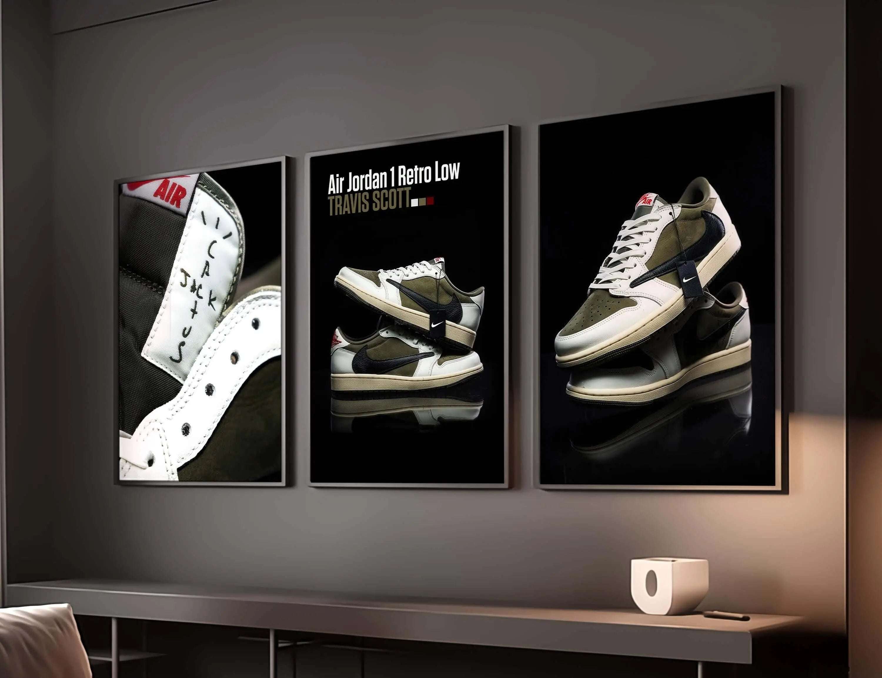 Hypebeast Urban Sneaker Poster Set of 3 featuring Air Jordan 1 Retro Low sneaker art digital wall prints in modern living room — Haus of Prints