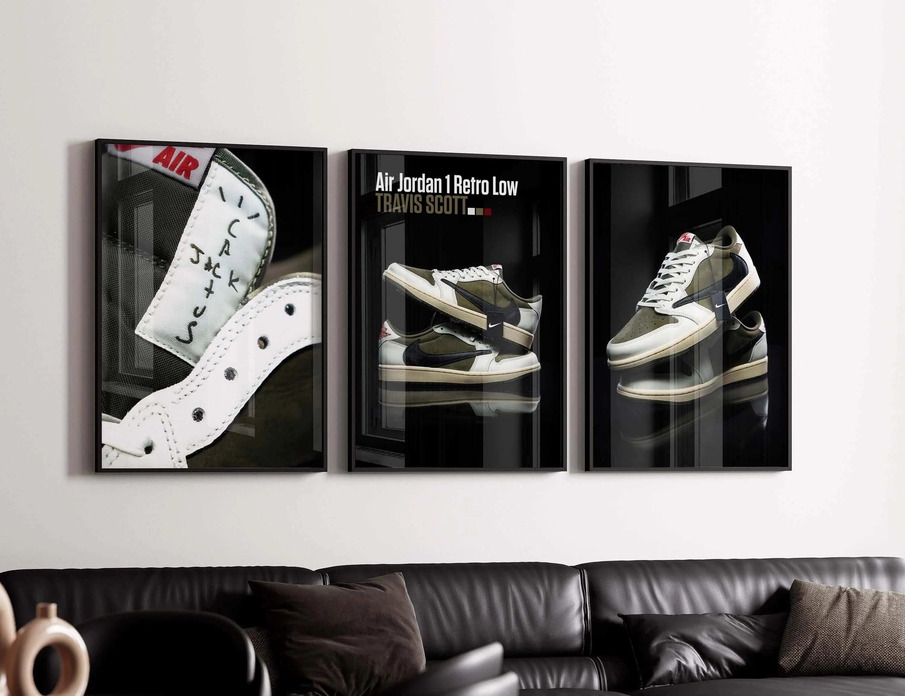 Hypebeast Urban Sneaker Poster Set of 3 featuring framed sneaker art prints in a modern living room, digital wall art by Haus of Prints.
