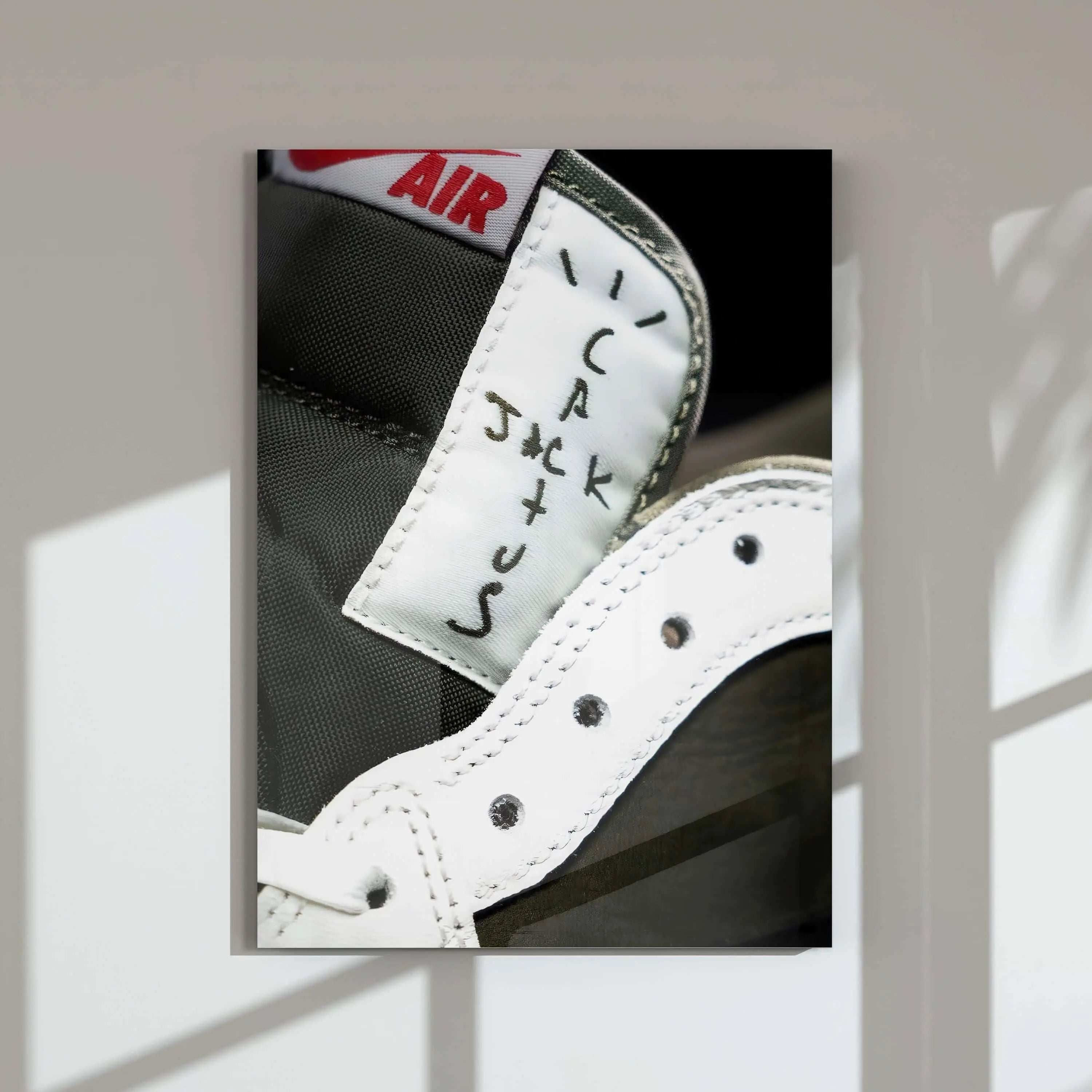 Close-up digital wall art of a black and white sneaker with handwritten detail, vibrant printable art for modern living room decor, Haus of Prints.
