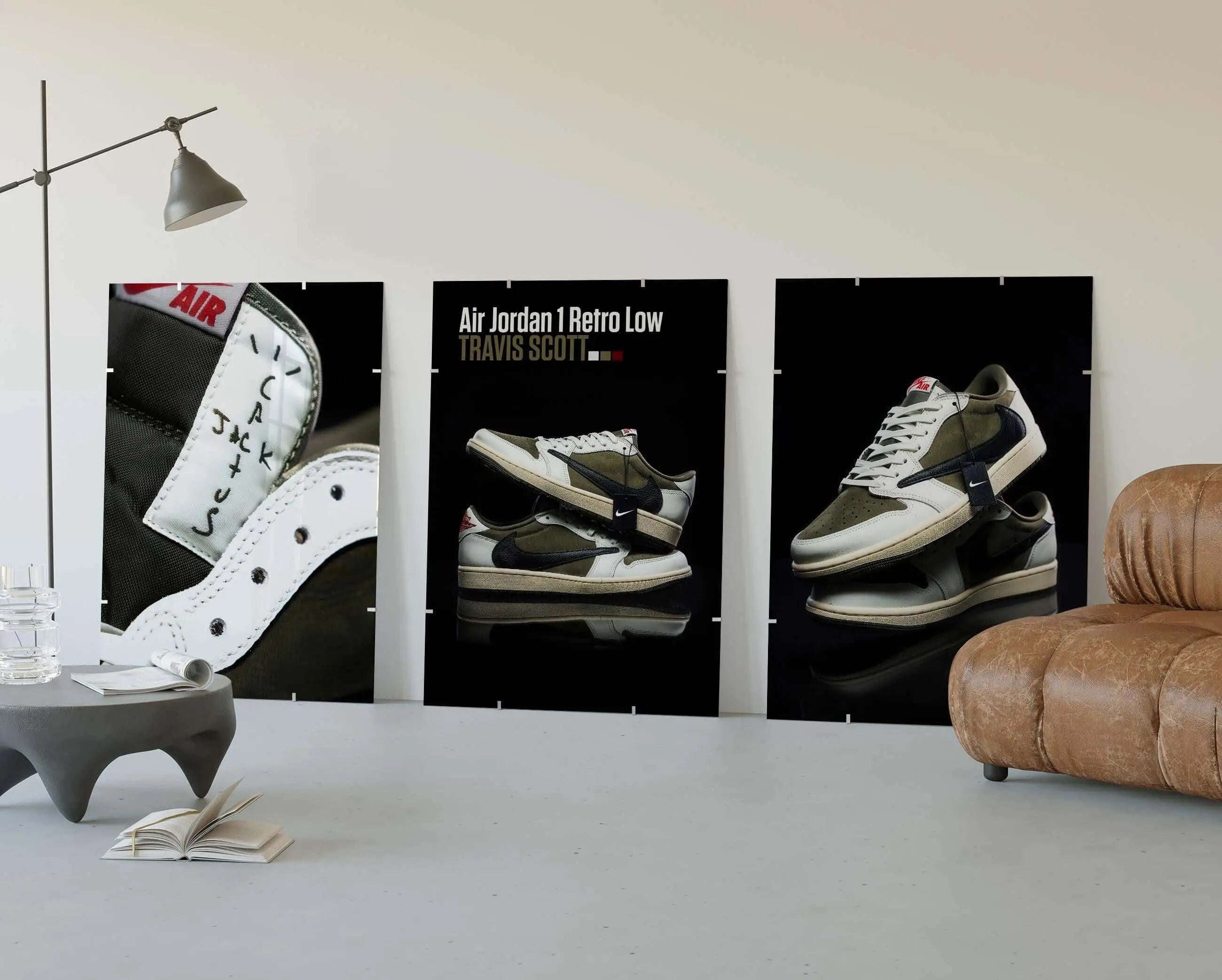 Hypebeast Urban Sneaker Poster Set of 3 featuring Air Jordan 1 Retro Low sneaker art in digital wall art style, modern living room decor — HAUS OF PRINTS