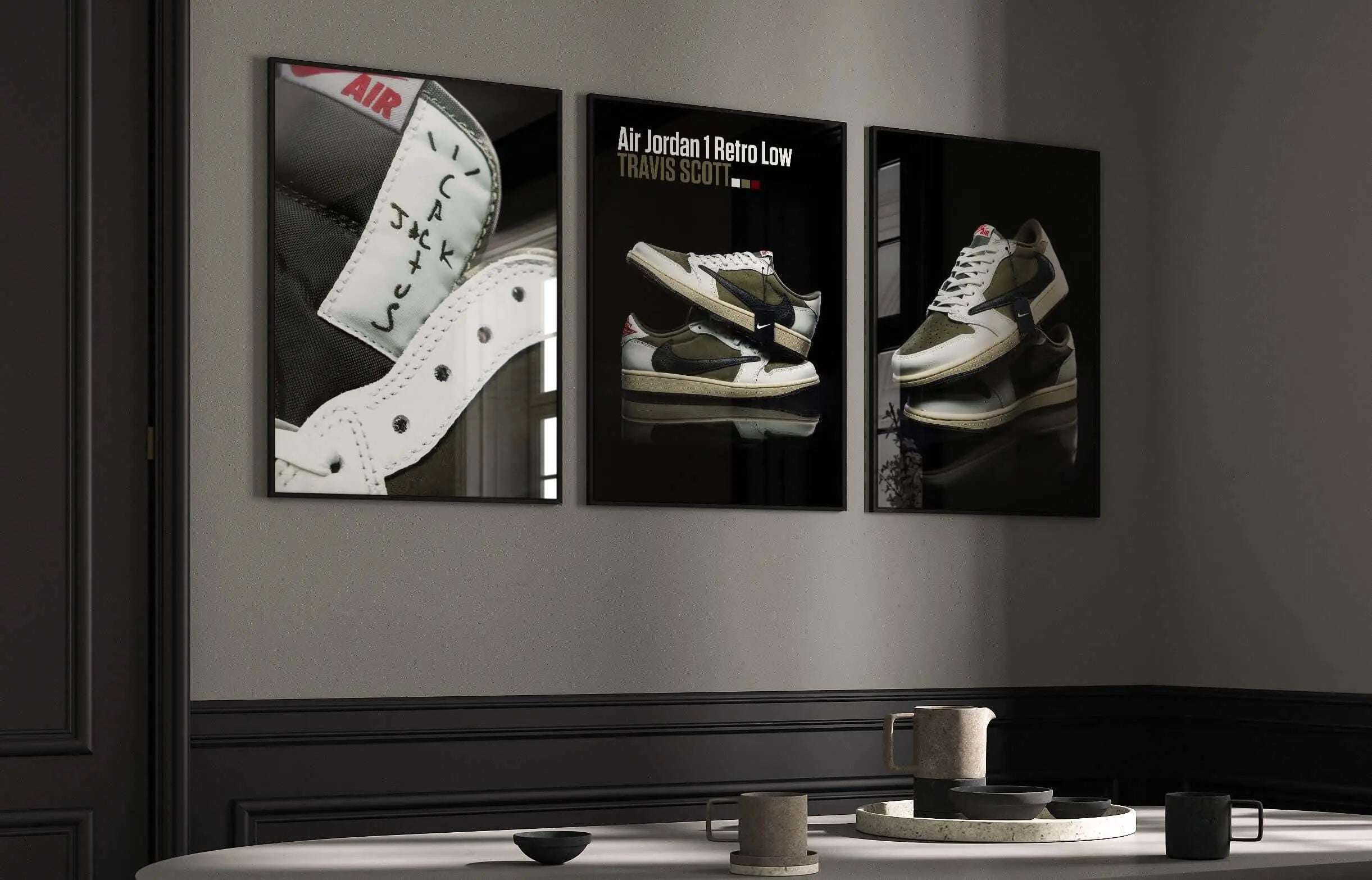 Hypebeast Urban Sneaker Poster Set of 3 featuring Air Jordan 1 Retro Low sneaker art in framed digital wall art above a dining table, Haus of Prints.